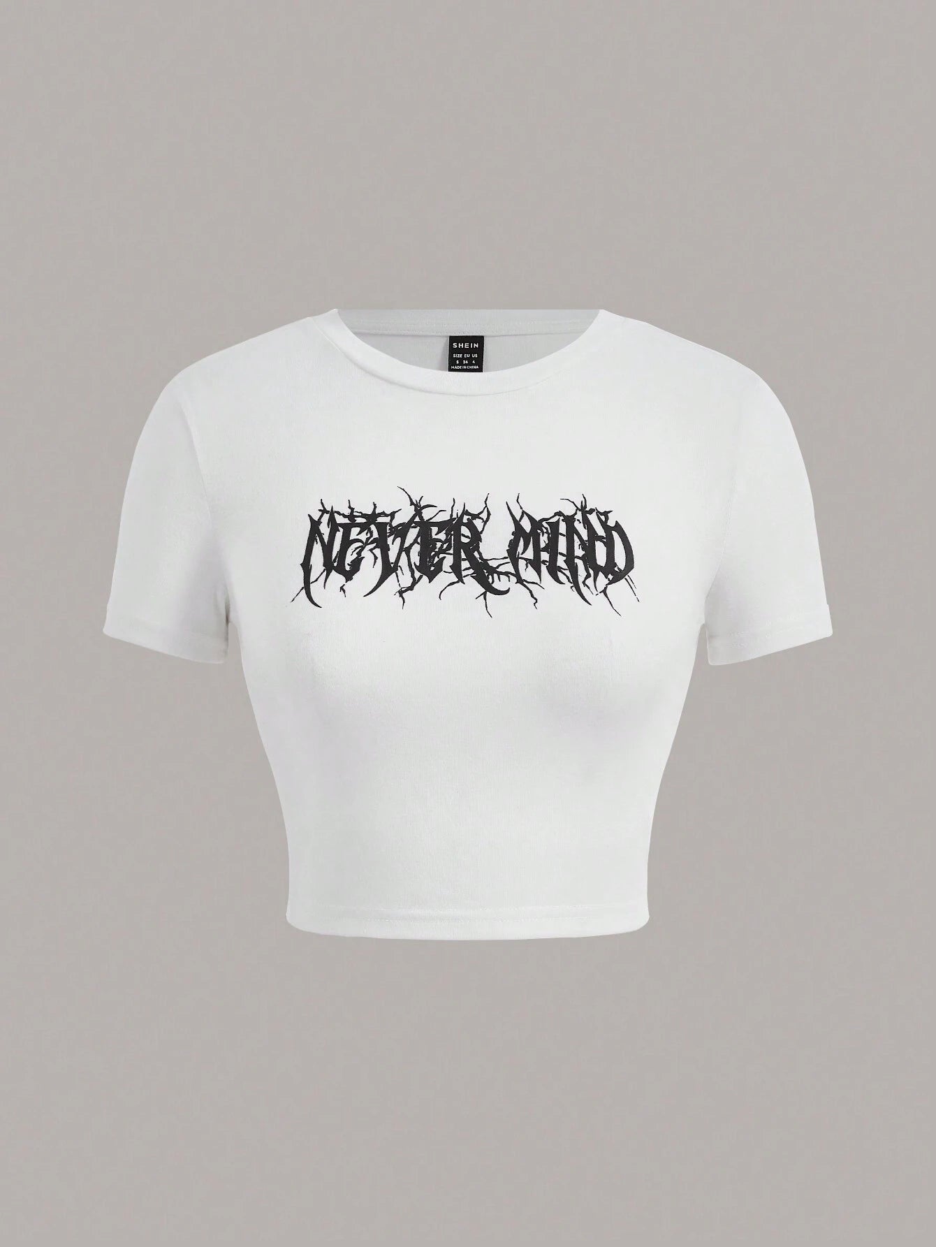 SHEIN EZwear Camiseta corta con gráfico de eslogan NEVER MIND