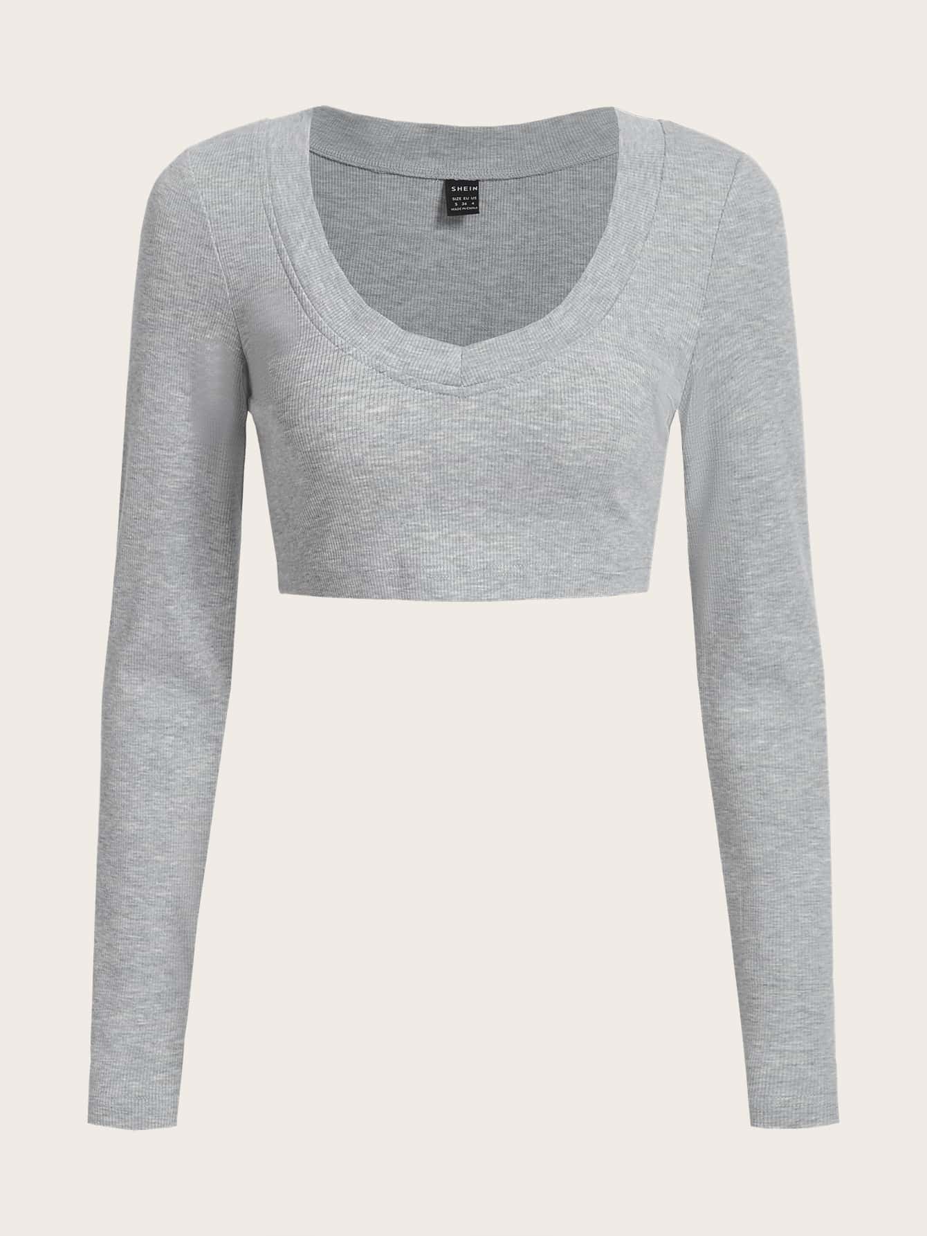 SHEIN EZwear Camiseta corta unicolor de cuello V tejido de canalé