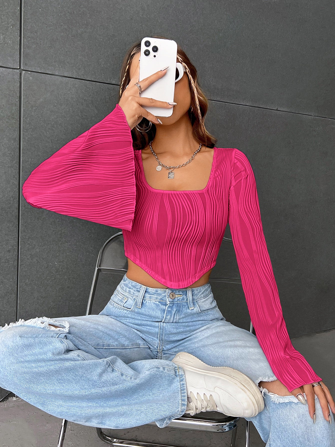 SHEIN EZwear Camiseta crop de cuello cuadrado de manga con volante