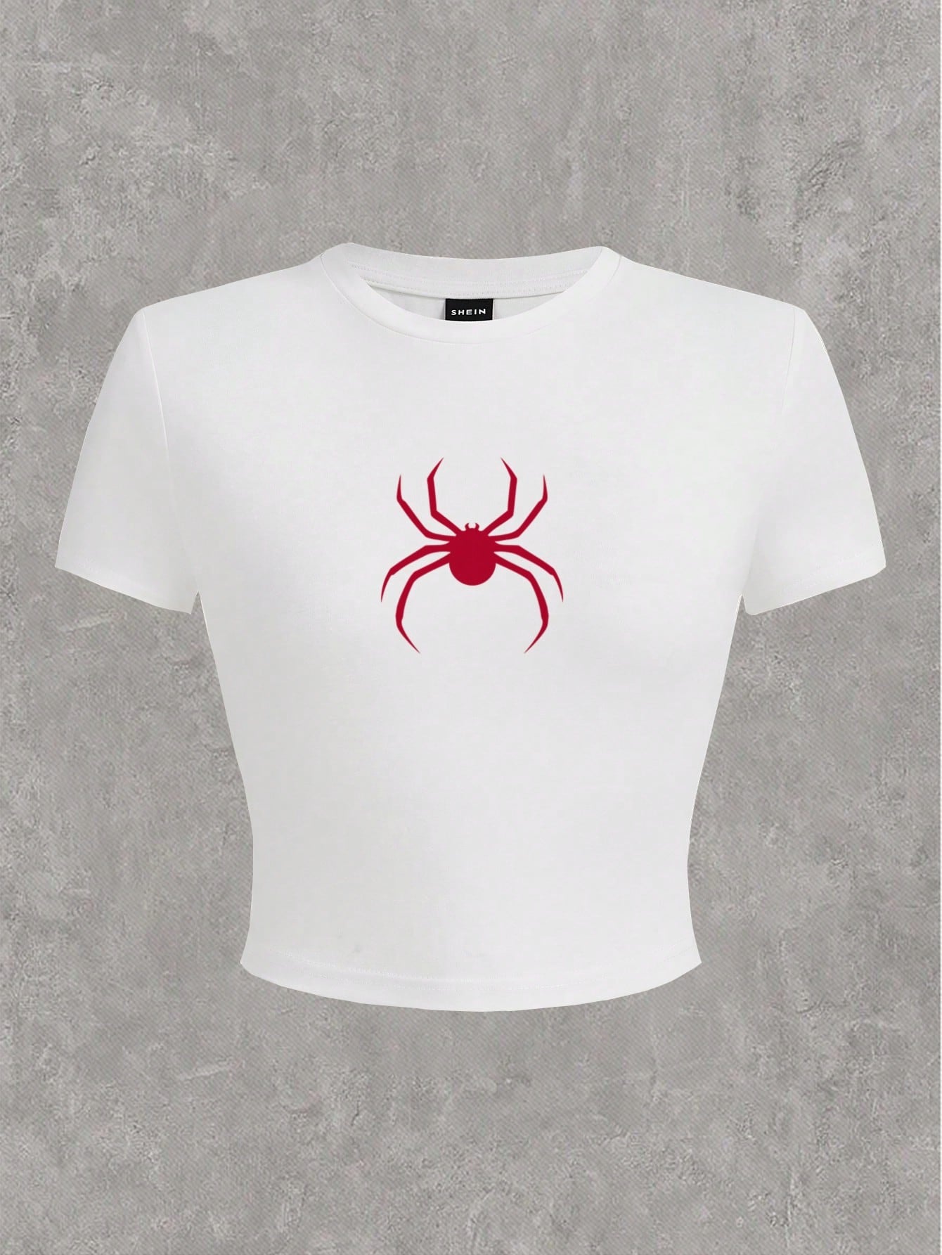 SHEIN EZwear Camiseta de verano ajustada y corta con cuello redondo y manga corta con estampado de araña casual para mujeres