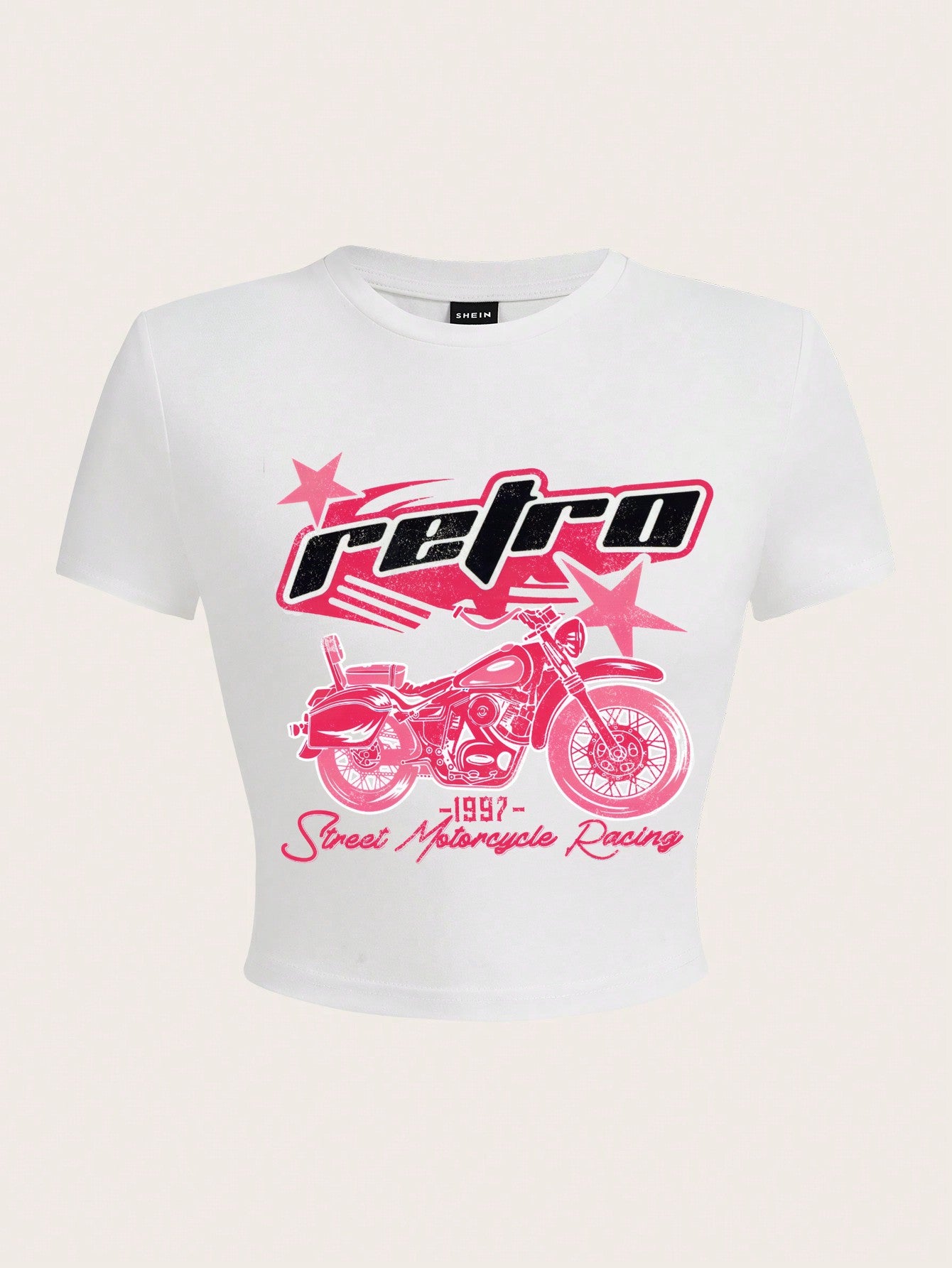 SHEIN EZwear Camiseta para mujer con patrón de impresión de estilo motocicleta casual, ajuste delgado, cuello redondo y manga corta, retro -1997- Carreras de motocicletas en la calle