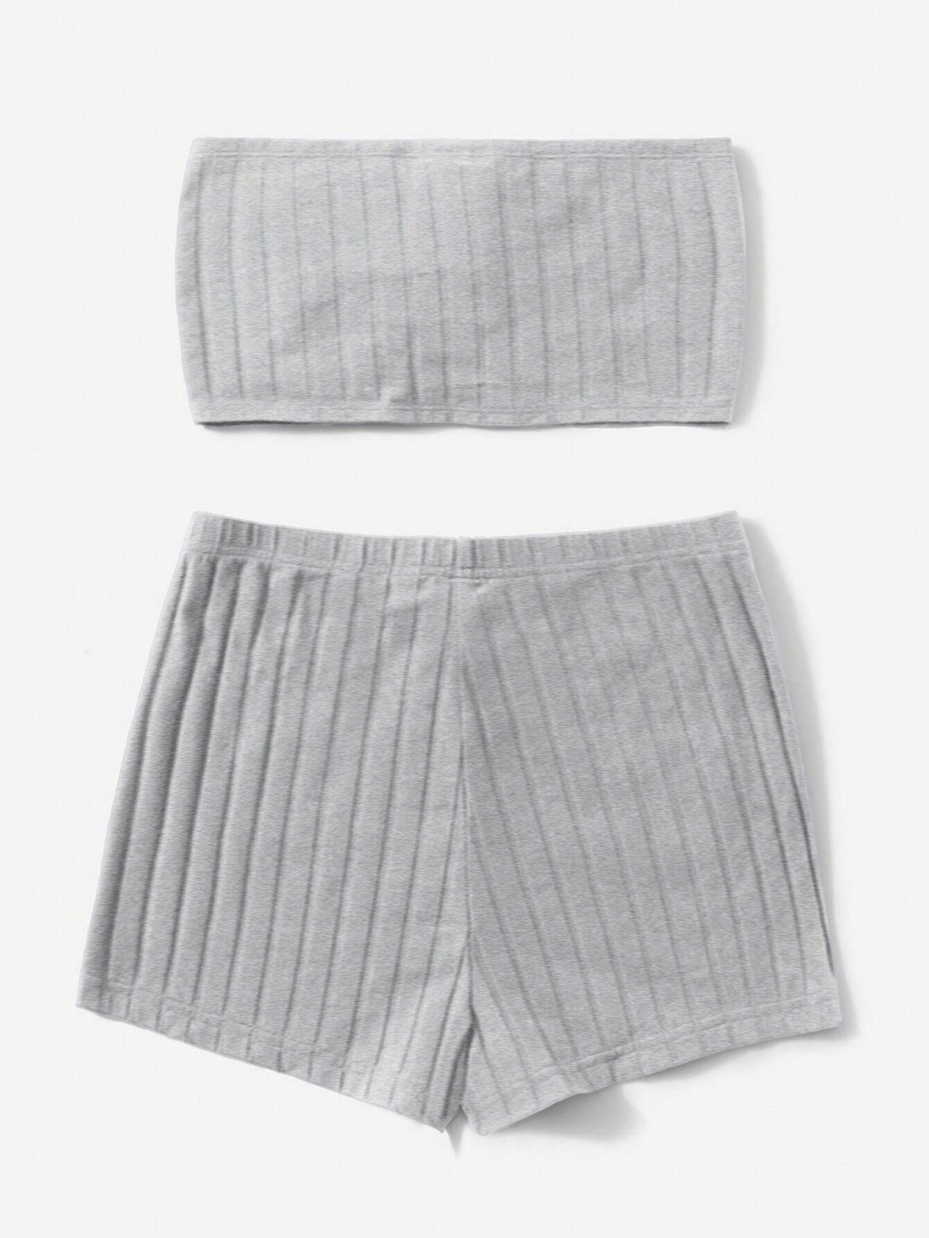 SHEIN EZwear Conjunto De Color Liso De Top Bandeau De Punto Con Lazo Frontal Y Pantalones Cortos Para Mujer