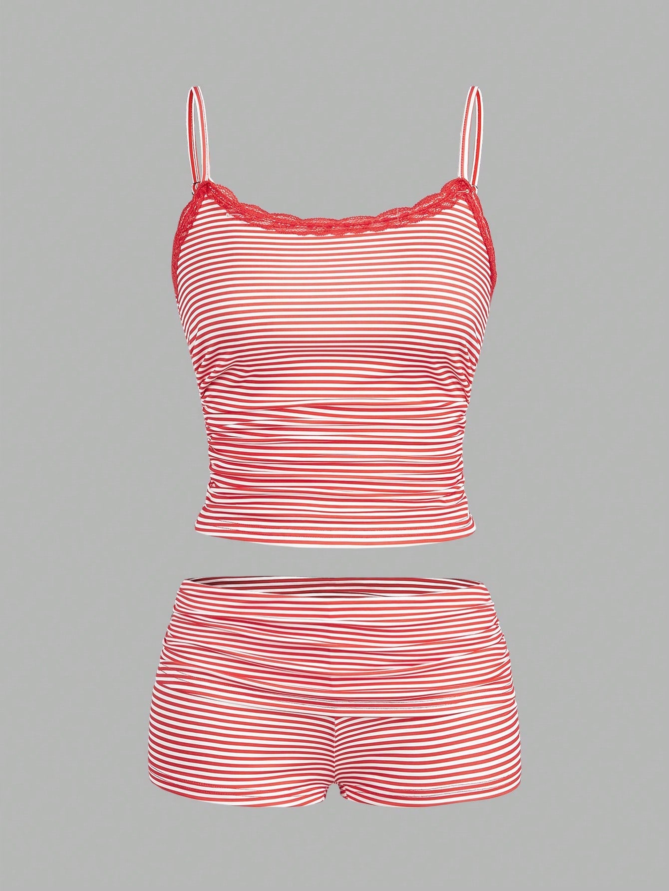 SHEIN EZwear Conjunto de 2 piezas con top de tirantes y shorts con detalle de encaje para mujer