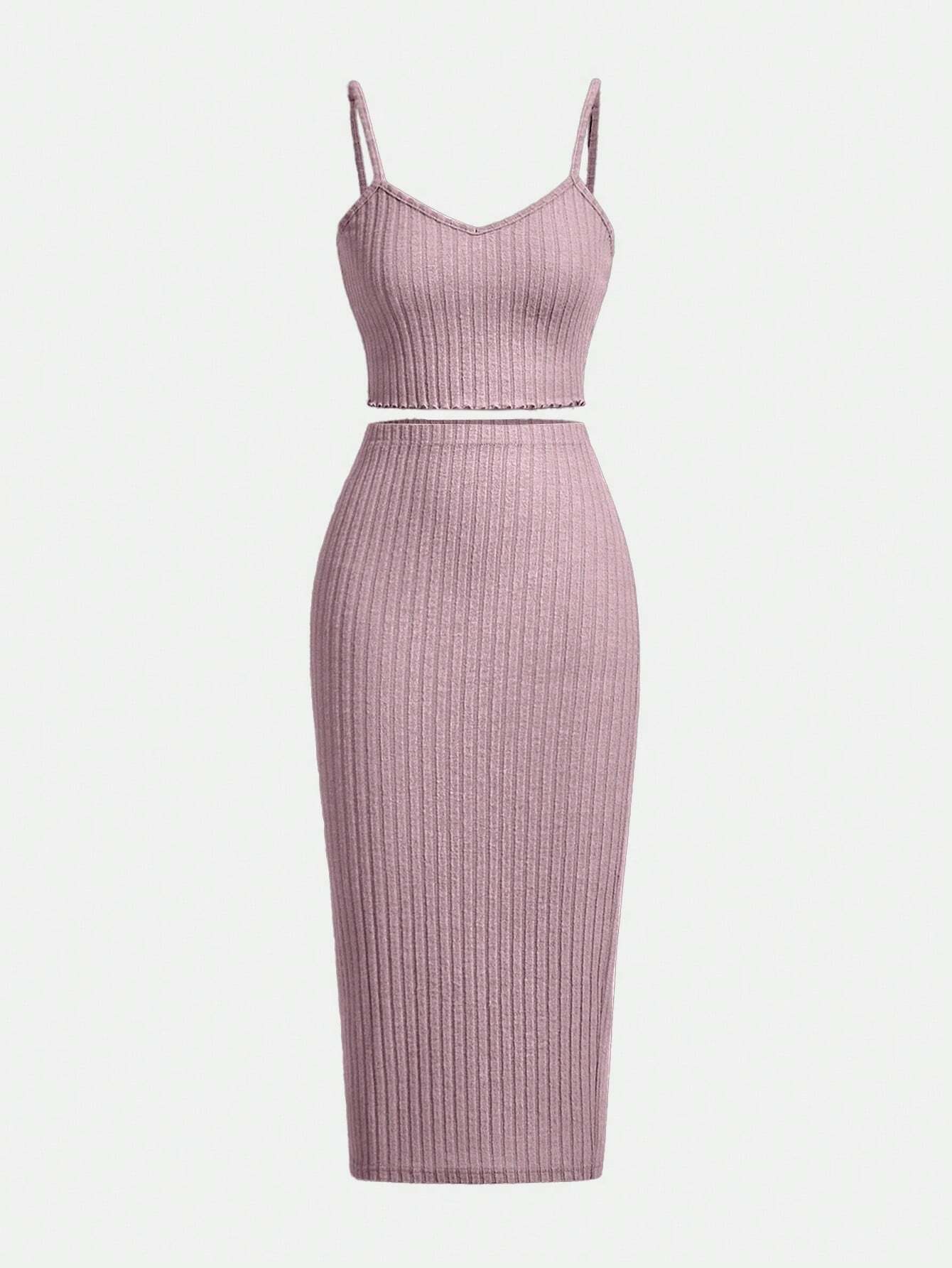 SHEIN EZwear Conjunto de chaleco de camisola ajustada y falda de media Body de punto acanalado para mujer en tono lavanda