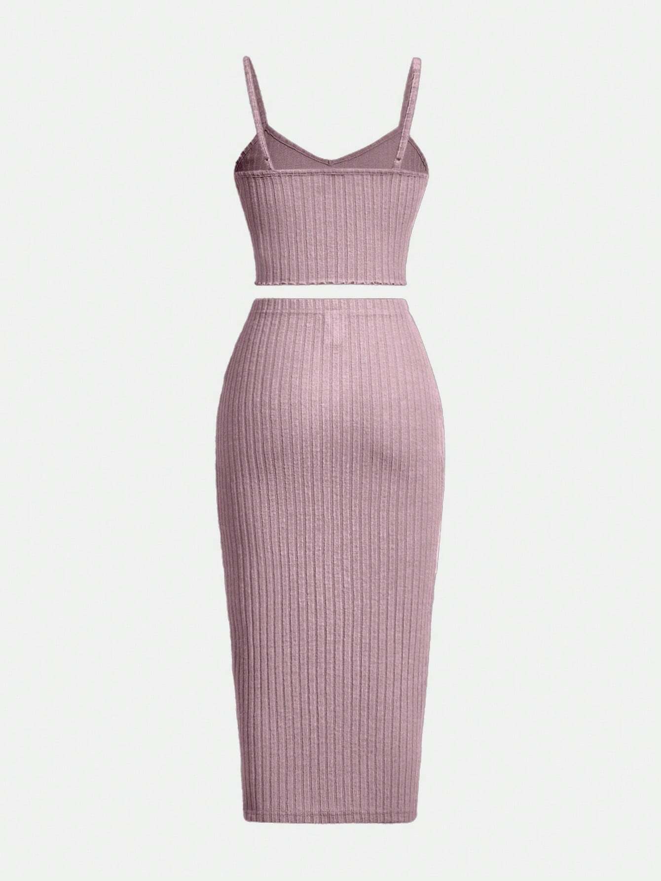 SHEIN EZwear Conjunto de chaleco de camisola ajustada y falda de media Body de punto acanalado para mujer en tono lavanda