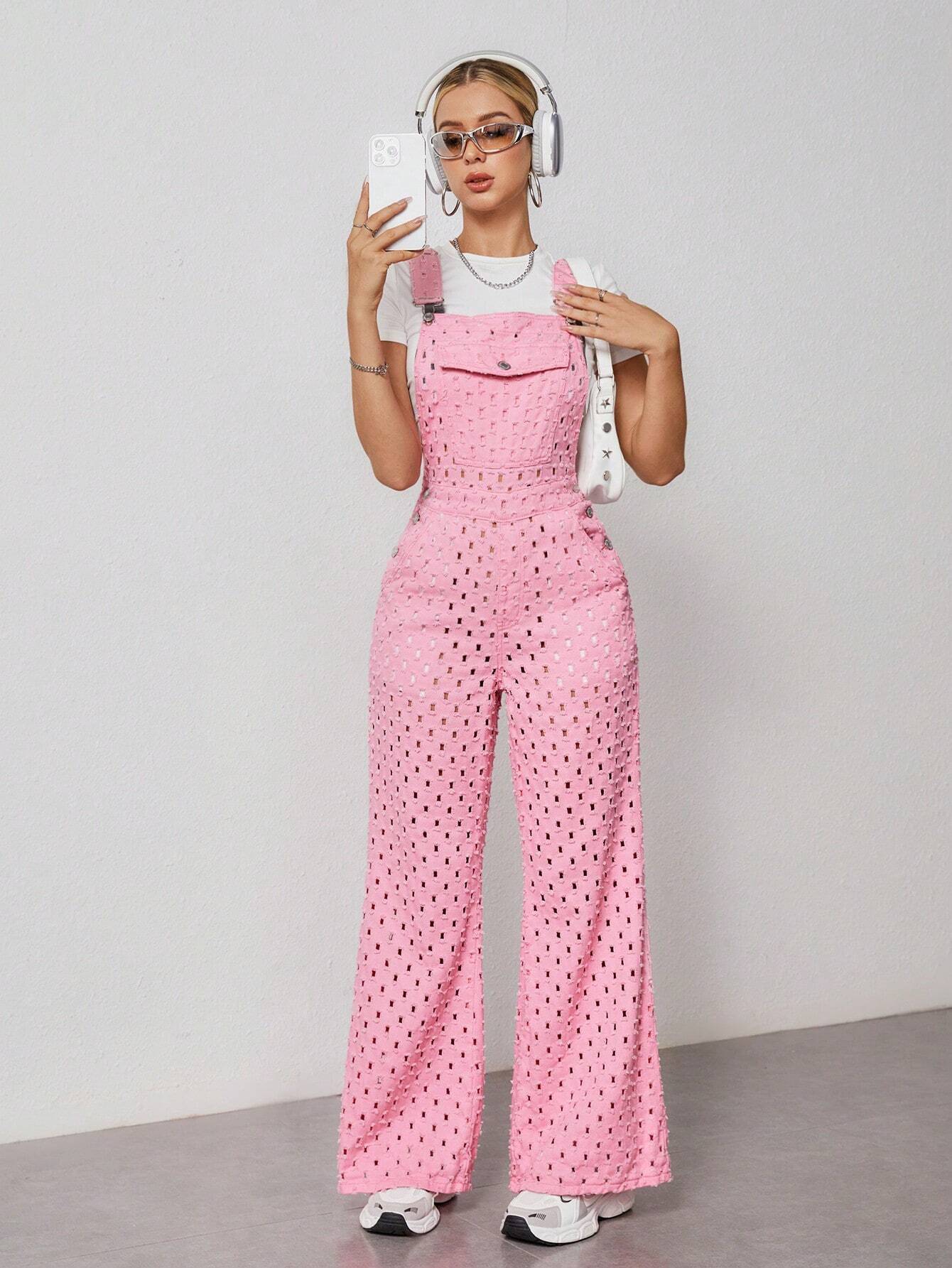 SHEIN EZwear Peto tejano con bolsillo de solapa y detalles calados sin camiseta