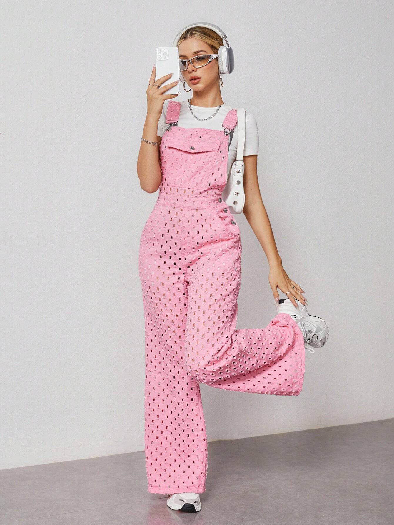 SHEIN EZwear Peto tejano con bolsillo de solapa y detalles calados sin camiseta