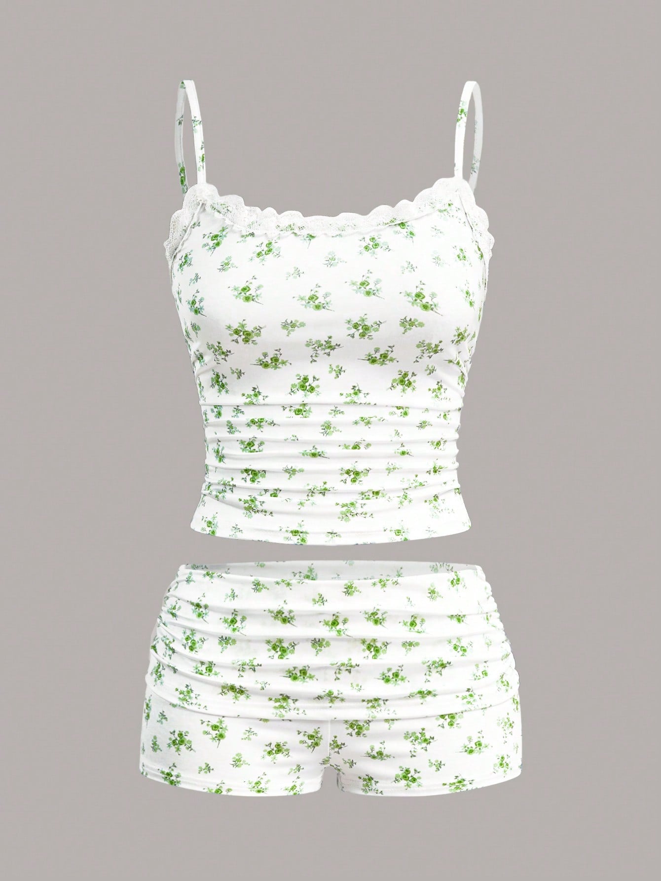 SHEIN EZwear Set de 2 piezas top de camisola y shorts con contraste de encaje y estampado floral ditsy para mujer