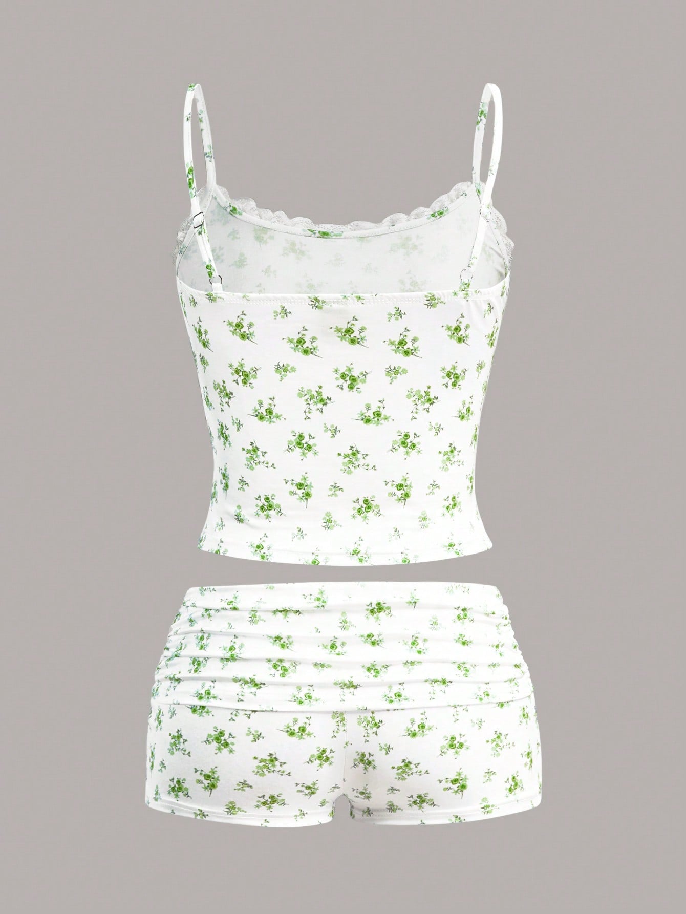 SHEIN EZwear Set de 2 piezas top de camisola y shorts con contraste de encaje y estampado floral ditsy para mujer