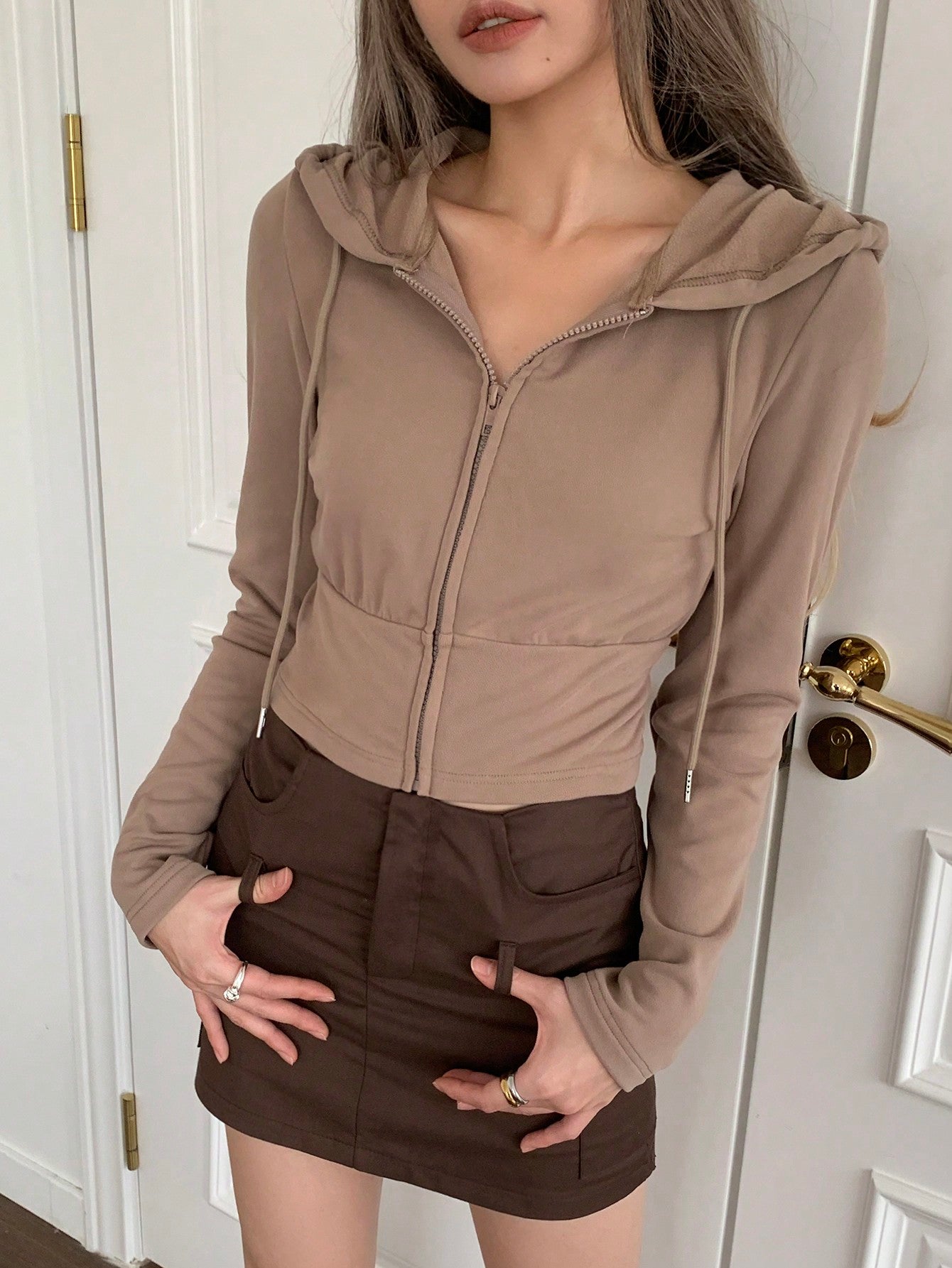 SHEIN EZwear Sudadera con capucha y cremallera en color caqui para mujer, apropiada para otoño/invierno