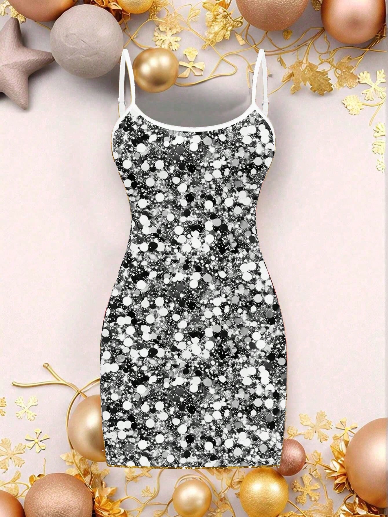 SHEIN EZwear Vestido corto de fiesta casual con tirantes finos y diseño estampado con lentejuelas plateadas, ajuste ceñido para mujer