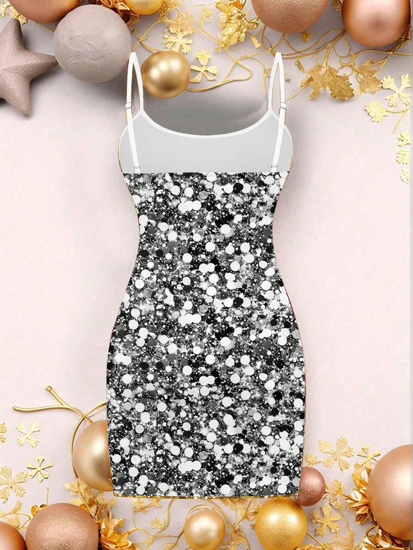 SHEIN EZwear Vestido corto de fiesta casual con tirantes finos y diseño estampado con lentejuelas plateadas, ajuste ceñido para mujer