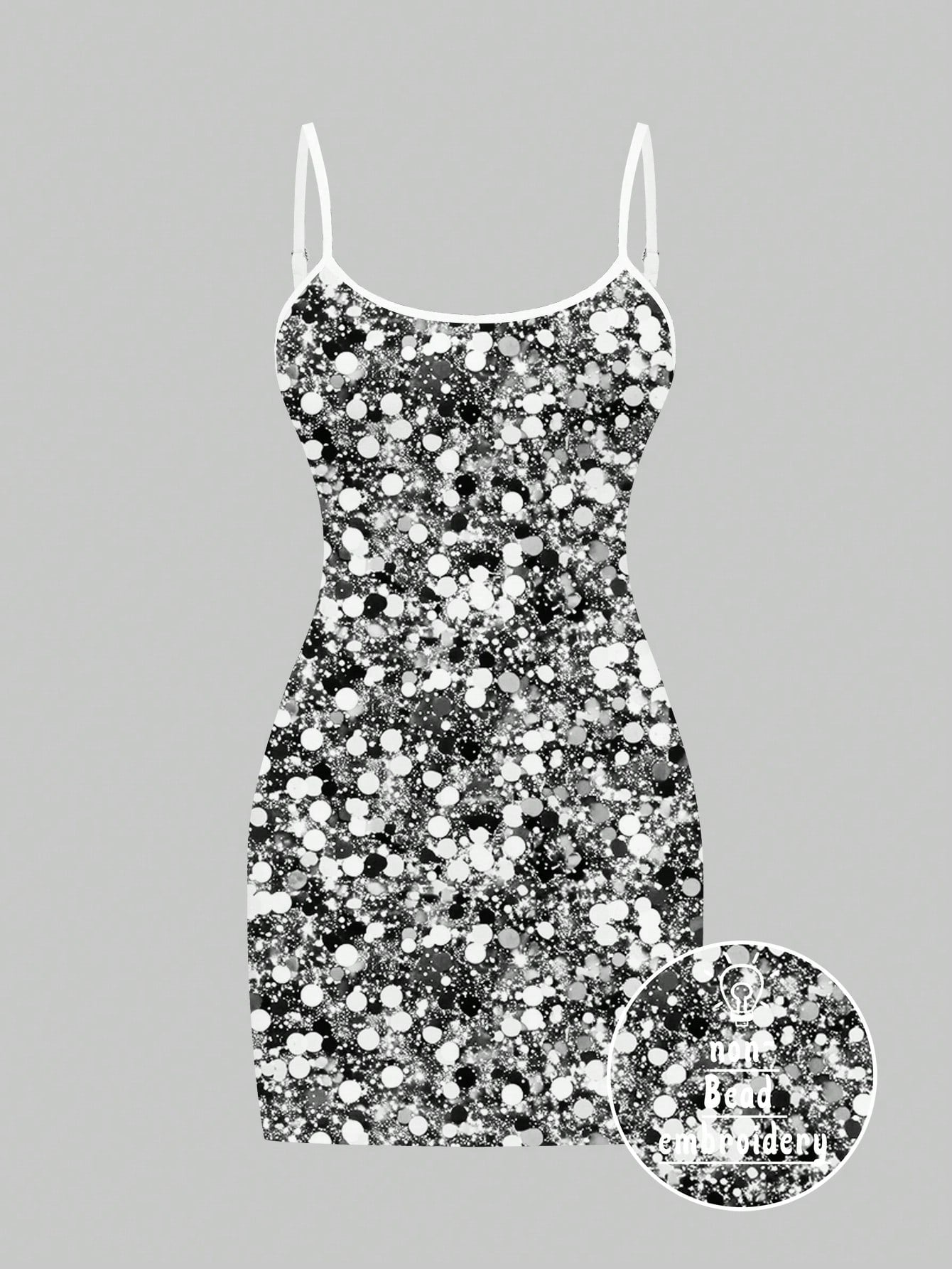 SHEIN EZwear Vestido corto de fiesta casual con tirantes finos y diseño estampado con lentejuelas plateadas, ajuste ceñido para mujer