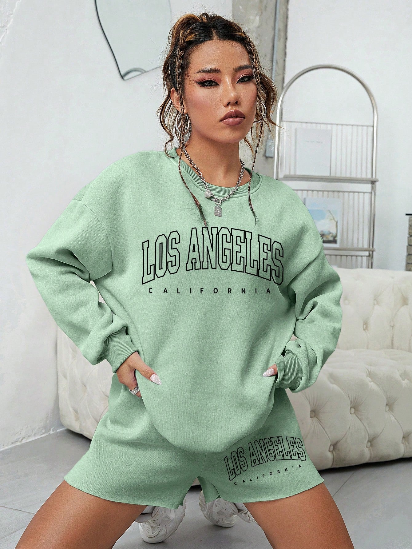 SHEIN EZwear con estampado de letra de hombros caídos Sudadera & Shorts deportivos