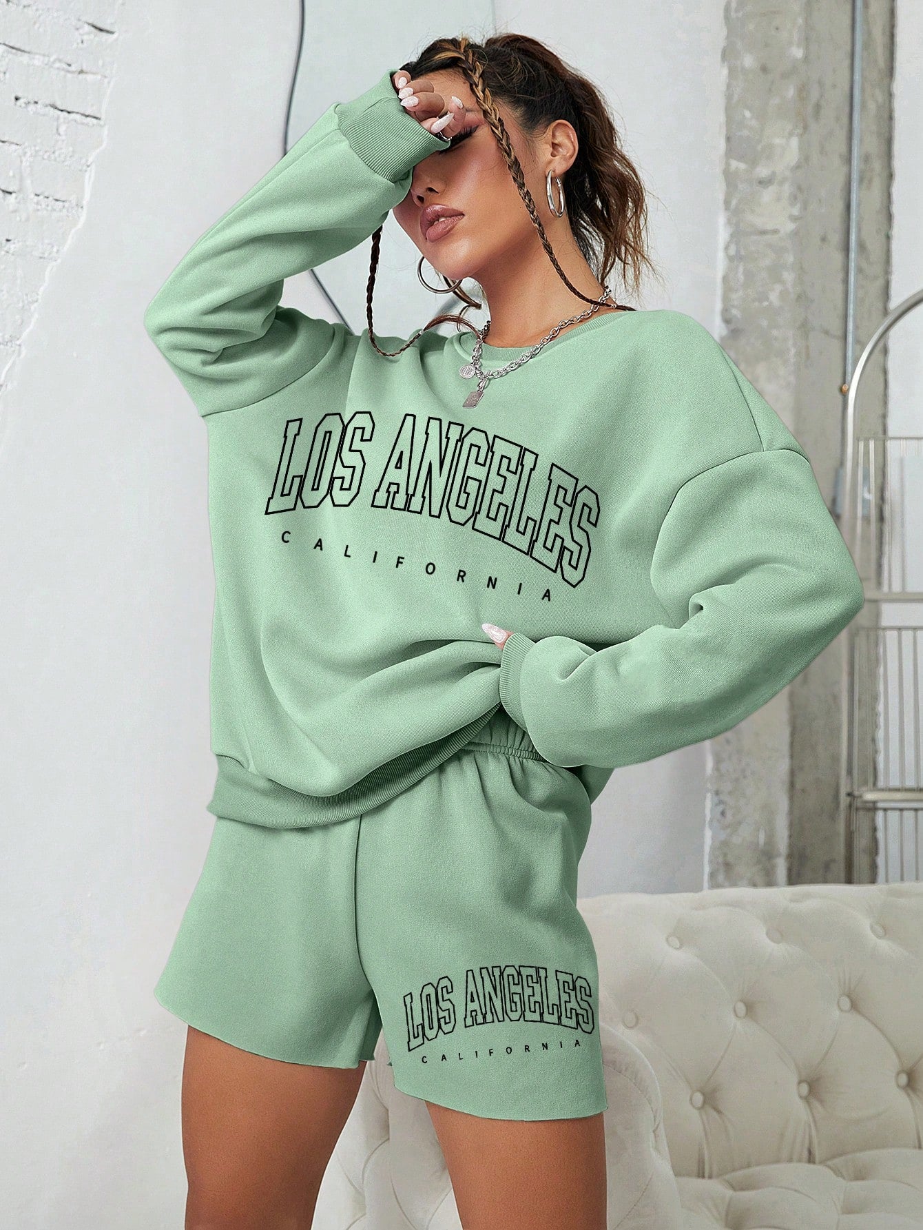 SHEIN EZwear con estampado de letra de hombros caídos Sudadera & Shorts deportivos