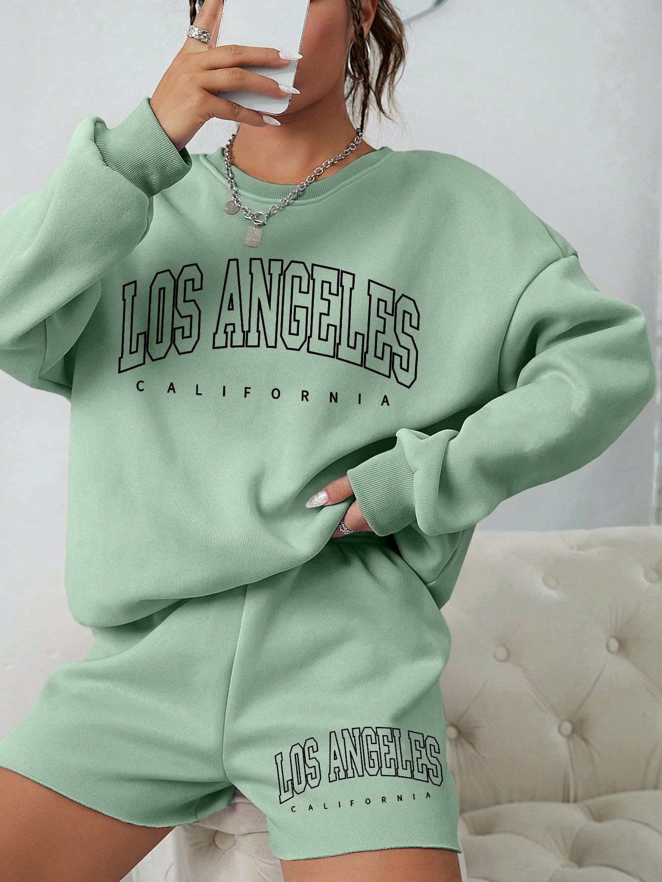 SHEIN EZwear con estampado de letra de hombros caídos Sudadera & Shorts deportivos