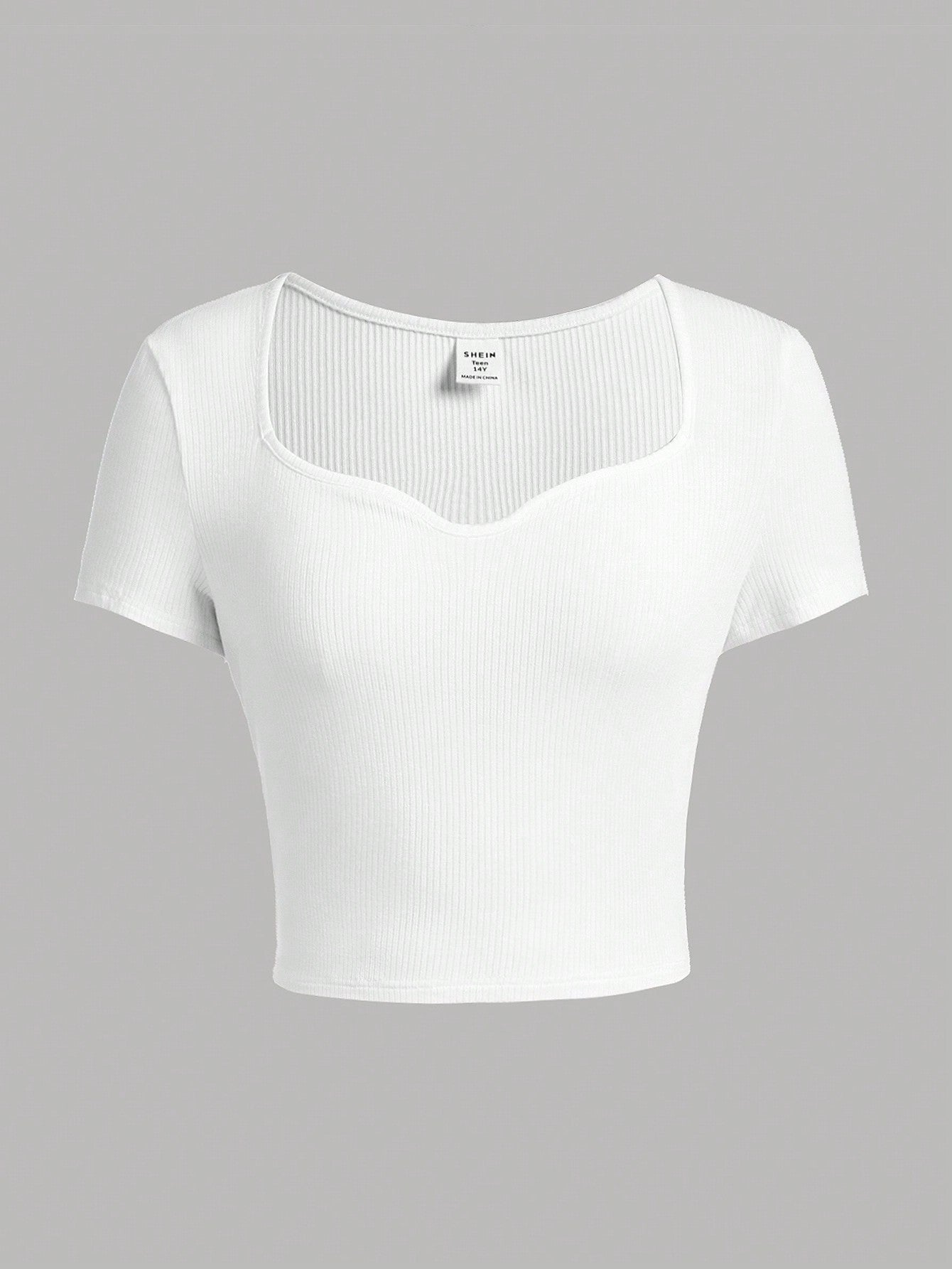 SHEIN El Color Sólido Hecho Punto De Las Muchachas Adolescentes Ahueca Hacia Fuera La Camiseta Rayada Con El Cuello Del Amor, Estilo Casual
