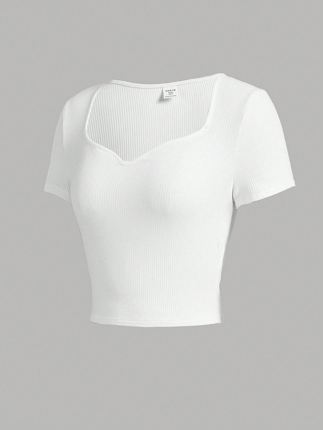 SHEIN El Color Sólido Hecho Punto De Las Muchachas Adolescentes Ahueca Hacia Fuera La Camiseta Rayada Con El Cuello Del Amor, Estilo Casual