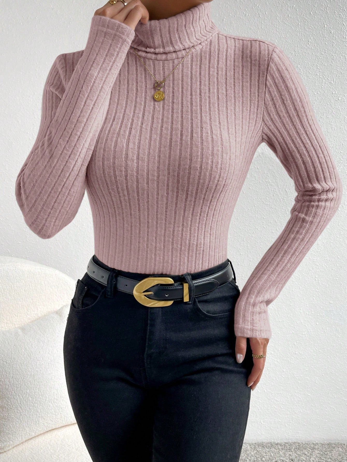 SHEIN Essnce Blusa casual de mujer de cuello de tortuga, manga larga, de punto acanalado y ajuste ceñido, de color liso