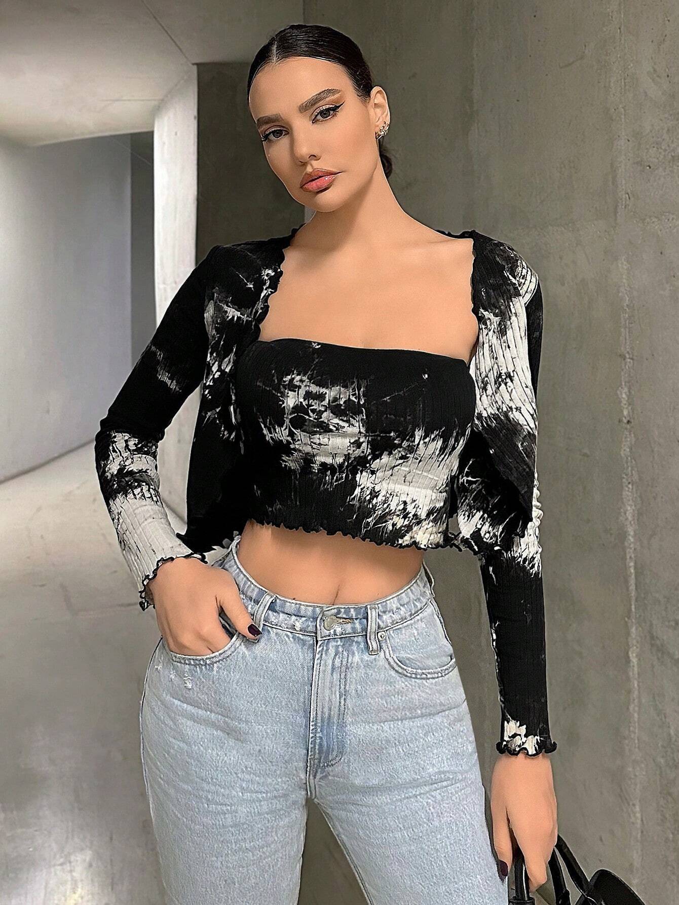 SHEIN Essnce Conjunto de dos piezas para mujer de top corto sin tirantes y chaqueta corta de punto teñido anudado