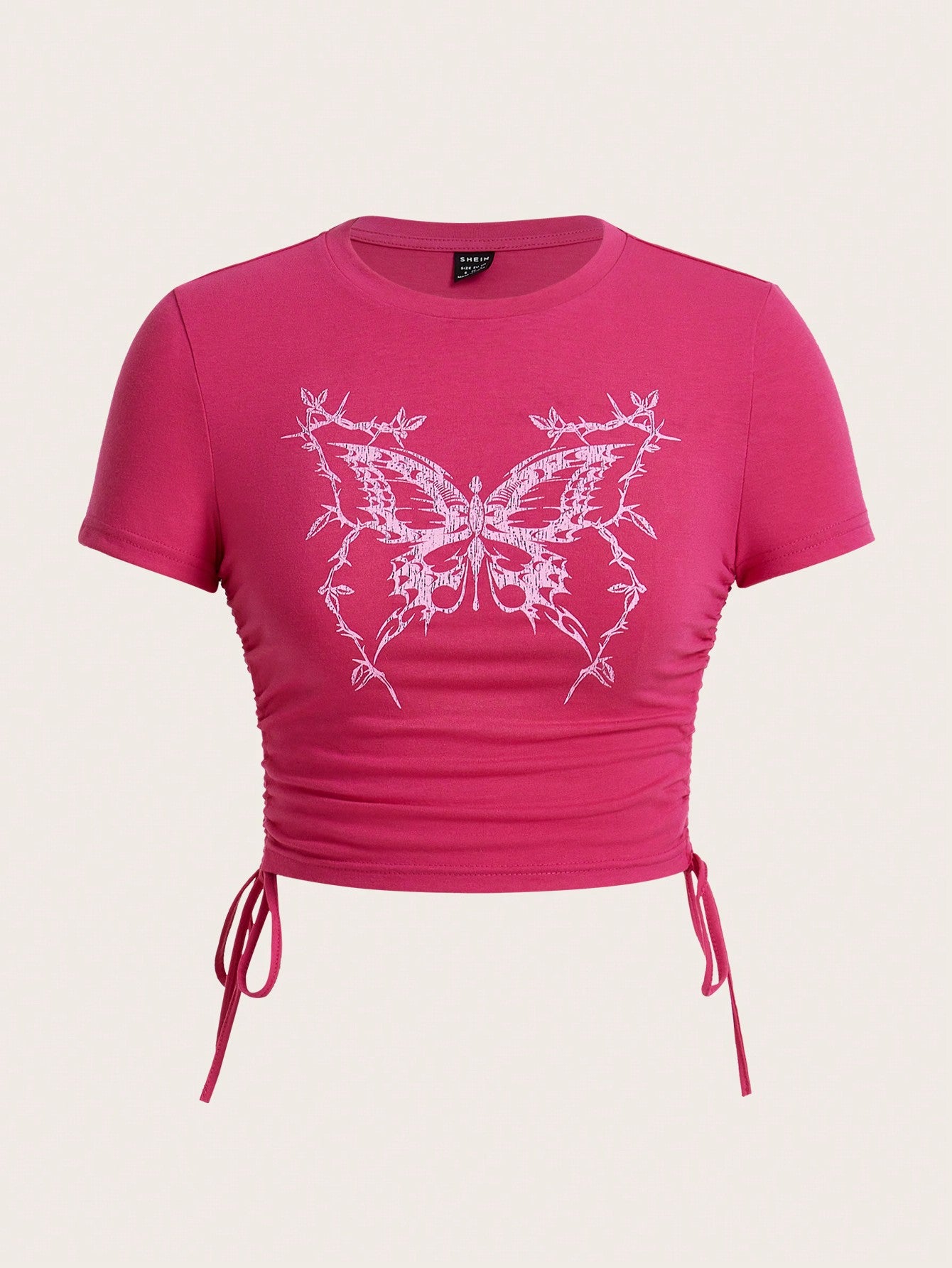 SHEIN ICON Camiseta casual de mujer de manga corta y cuello redondo con mariposas impresas de verano y dobladillo con cordón