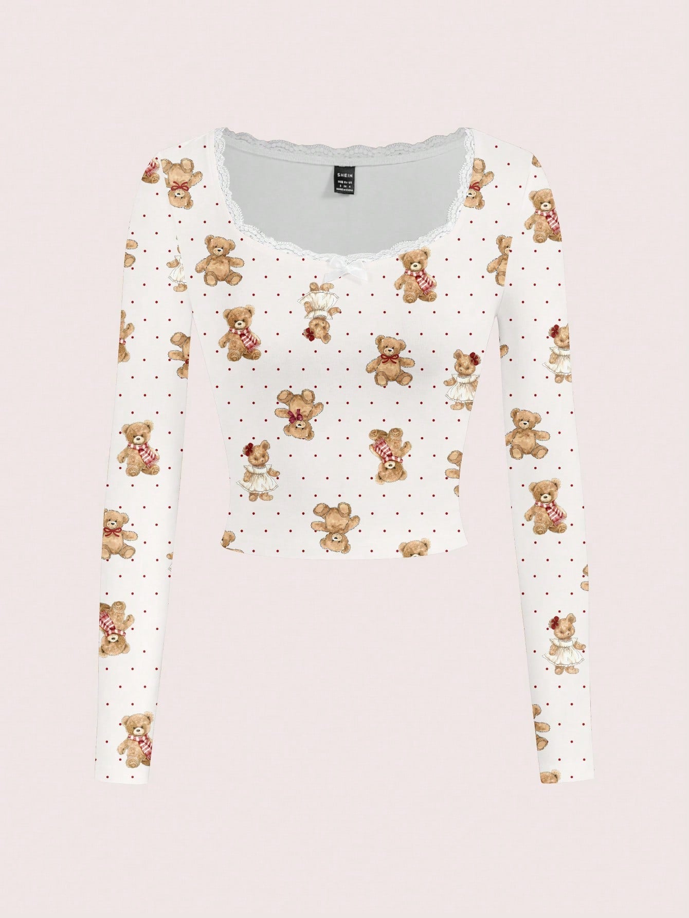 SHEIN ICON Camiseta de mujer de manga larga con estampado de lunares, decoración de encaje y diseño lindo de oso, adecuada para la primavera