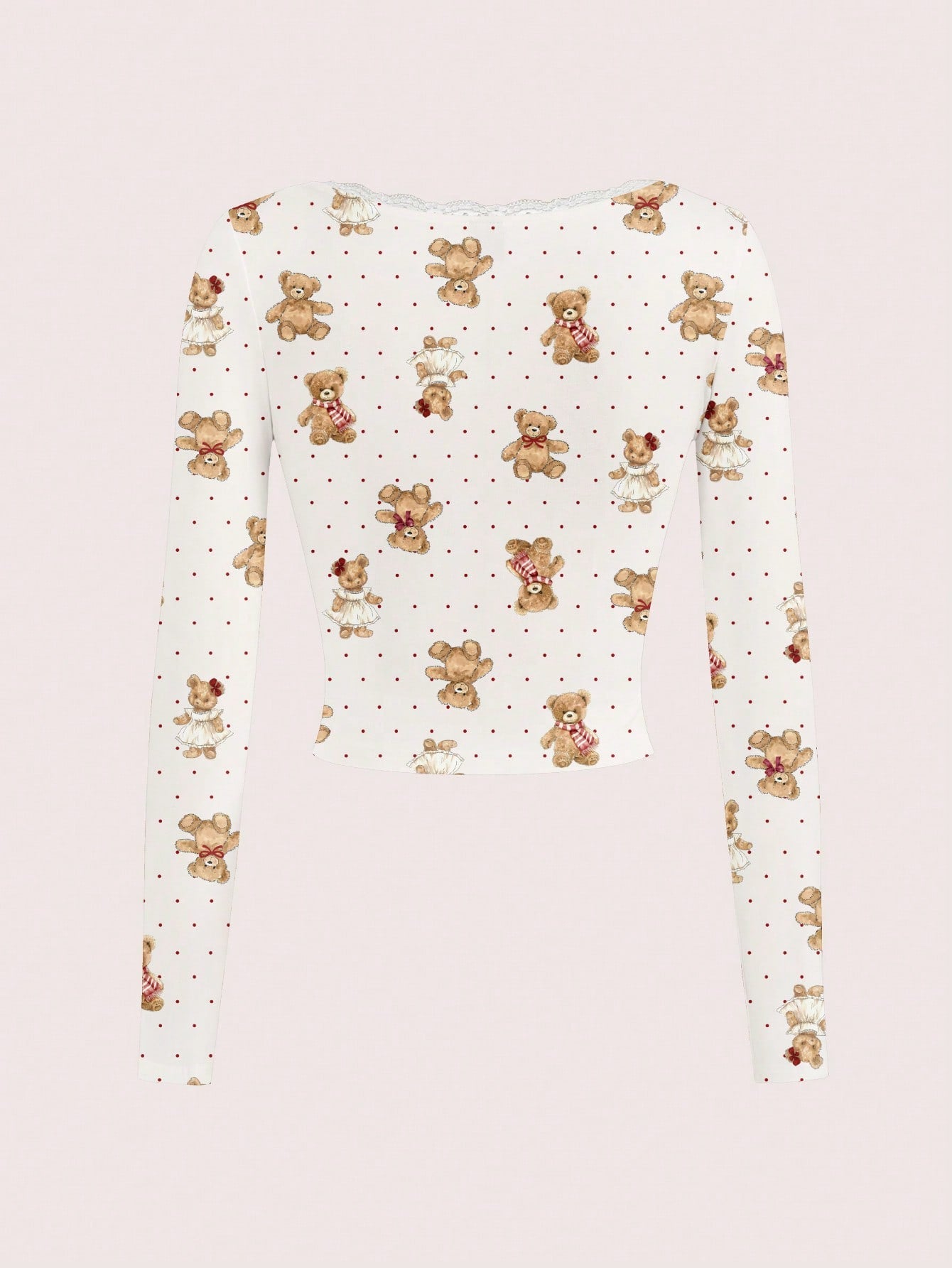 SHEIN ICON Camiseta de mujer de manga larga con estampado de lunares, decoración de encaje y diseño lindo de oso, adecuada para la primavera