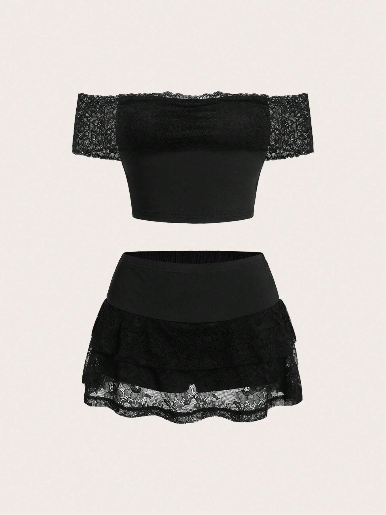 SHEIN ICON Conjunto corto de dos piezas para primavera para mujer con Top de Encaje sin Hombros y Falda pantalón corta con dobladillo de volantes en capas de cintura baja