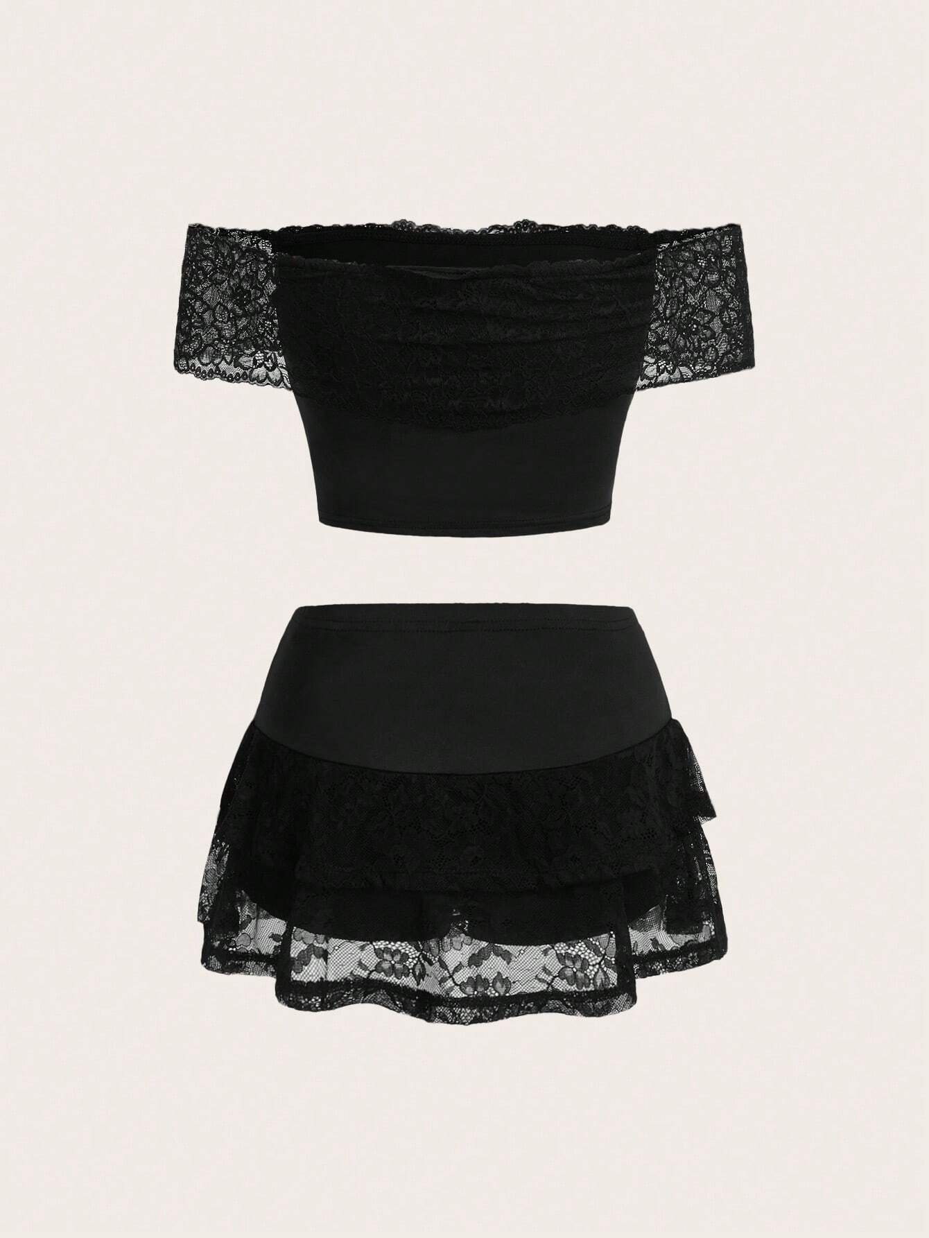 SHEIN ICON Conjunto corto de dos piezas para primavera para mujer con Top de Encaje sin Hombros y Falda pantalón corta con dobladillo de volantes en capas de cintura baja