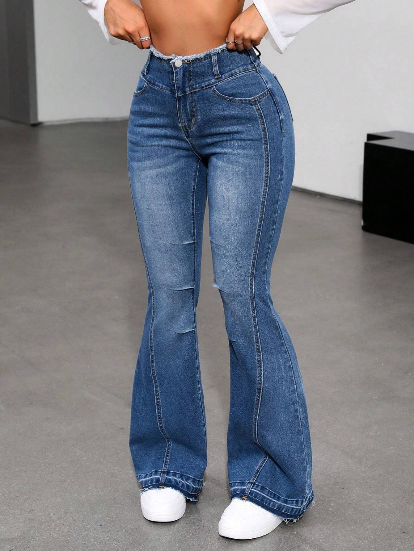 SHEIN ICON Pantalones Vaqueros Acampanados Con Flecos Para Mujer