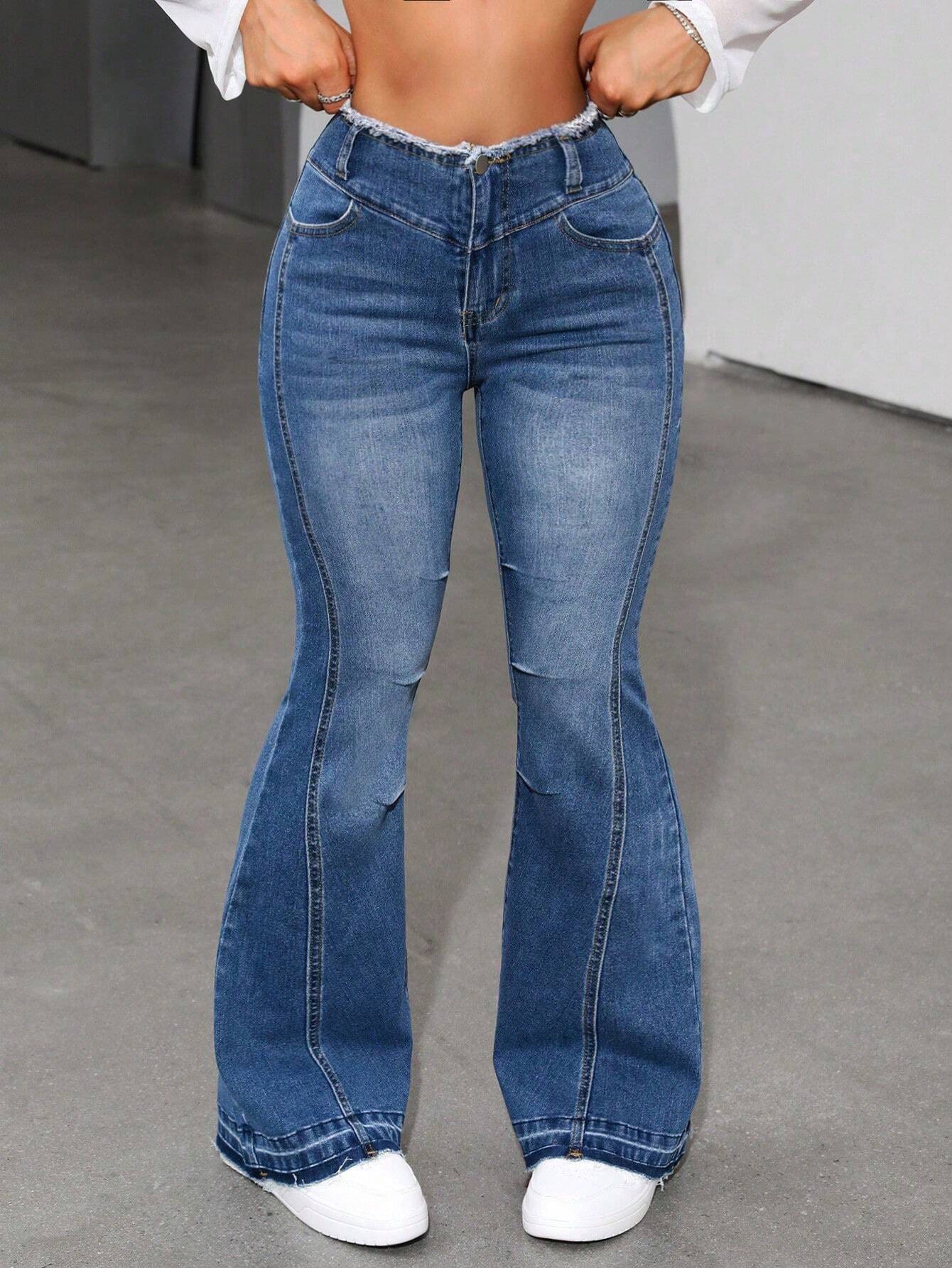 SHEIN ICON Pantalones Vaqueros Acampanados Con Flecos Para Mujer