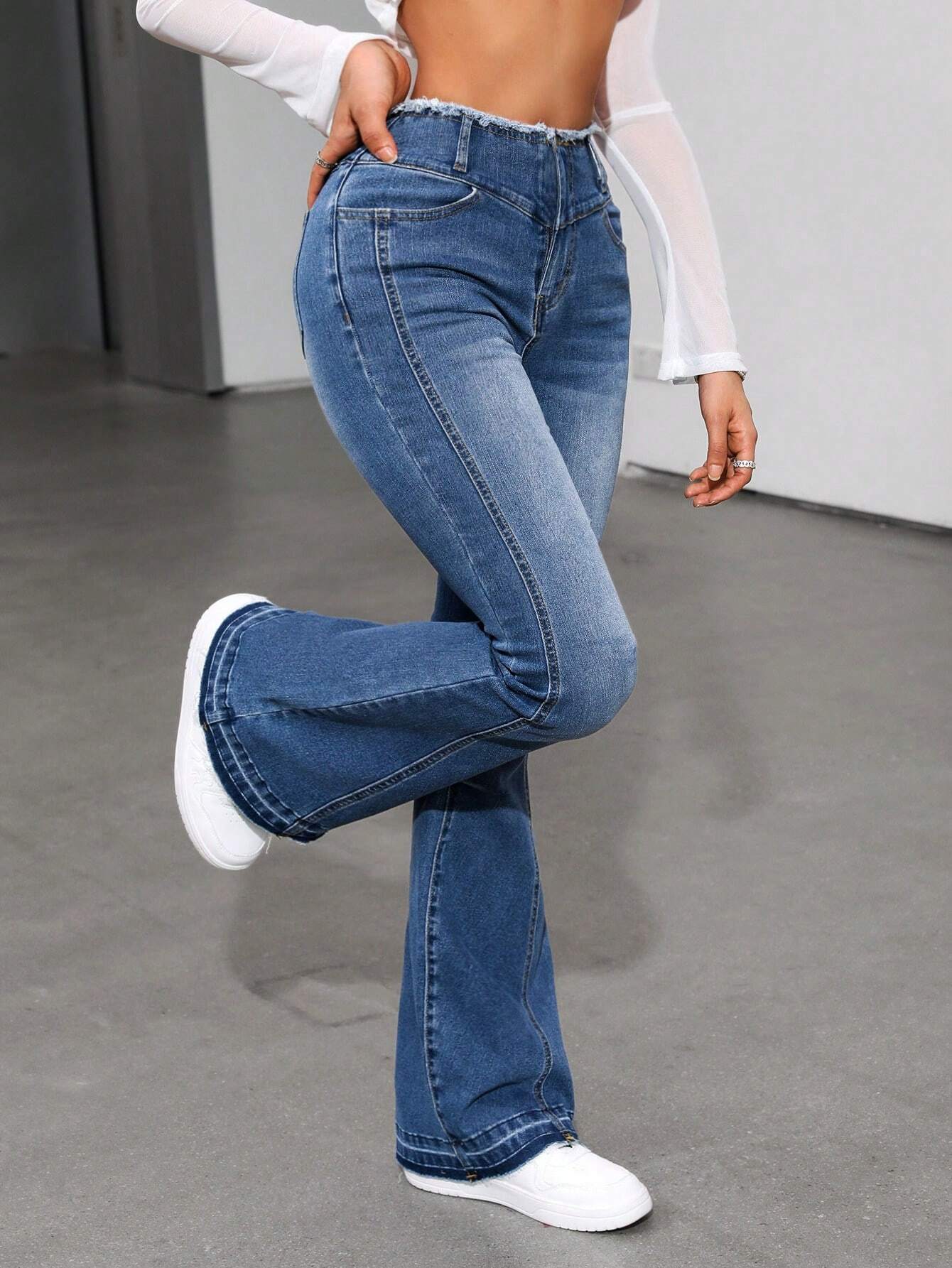SHEIN ICON Pantalones Vaqueros Acampanados Con Flecos Para Mujer
