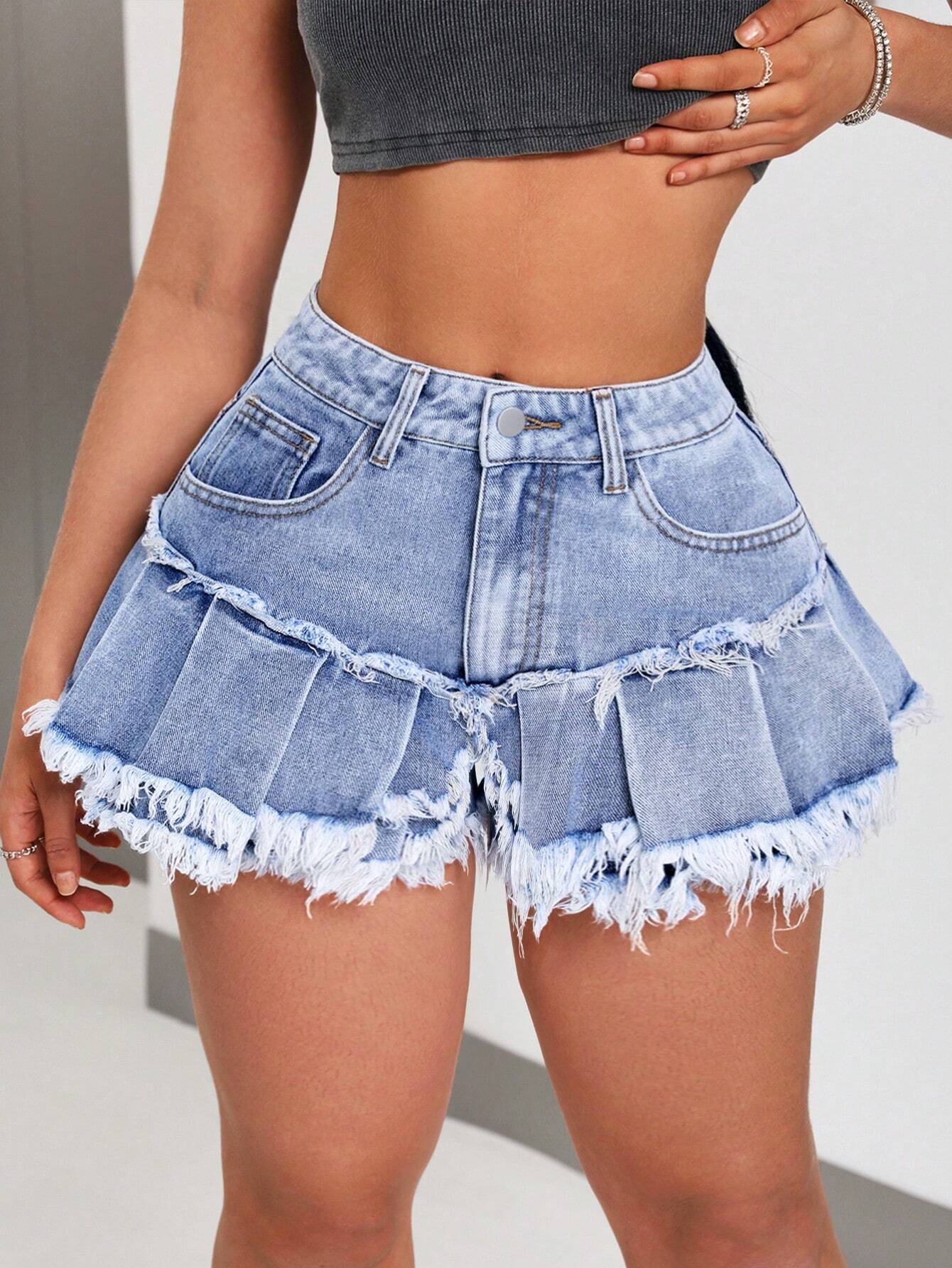 SHEIN ICON Shorts De Mezclilla Para Mujer Con Dobladillo Deshilachado Y Lavado De Agua