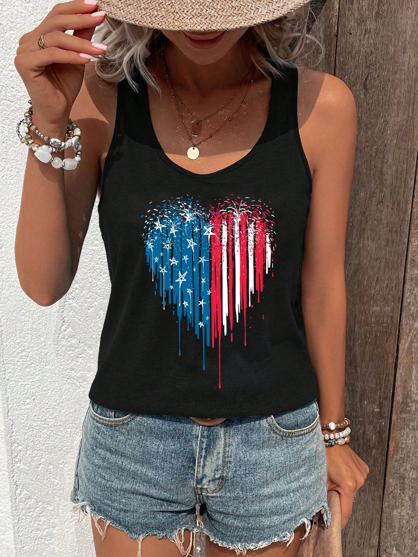 SHEIN LUNE Camiseta sin mangas para mujer con impresión de corazón y bandera internacional, casual