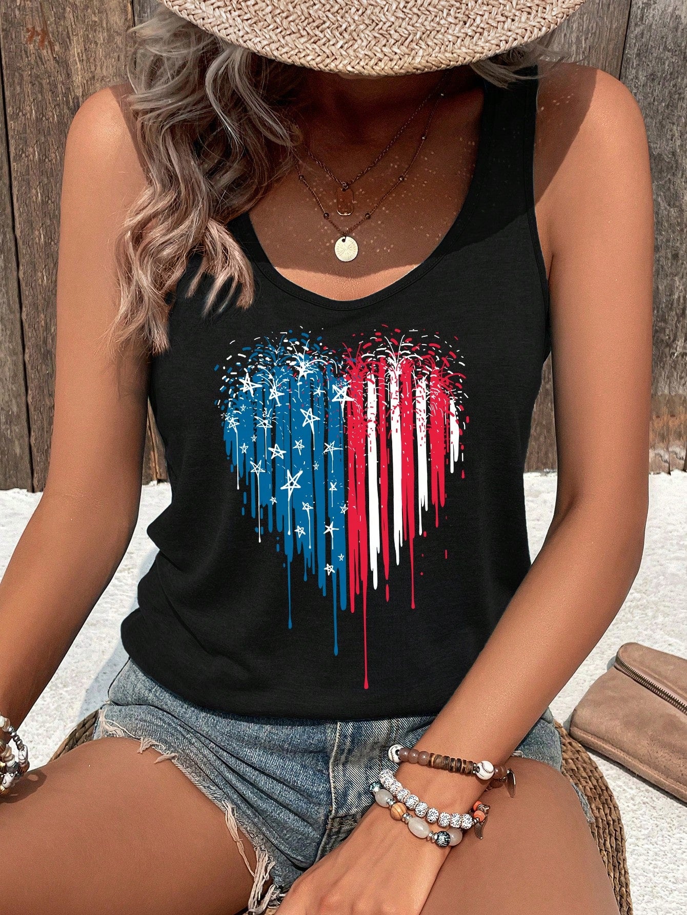 SHEIN LUNE Camiseta sin mangas para mujer con impresión de corazón y bandera internacional, casual