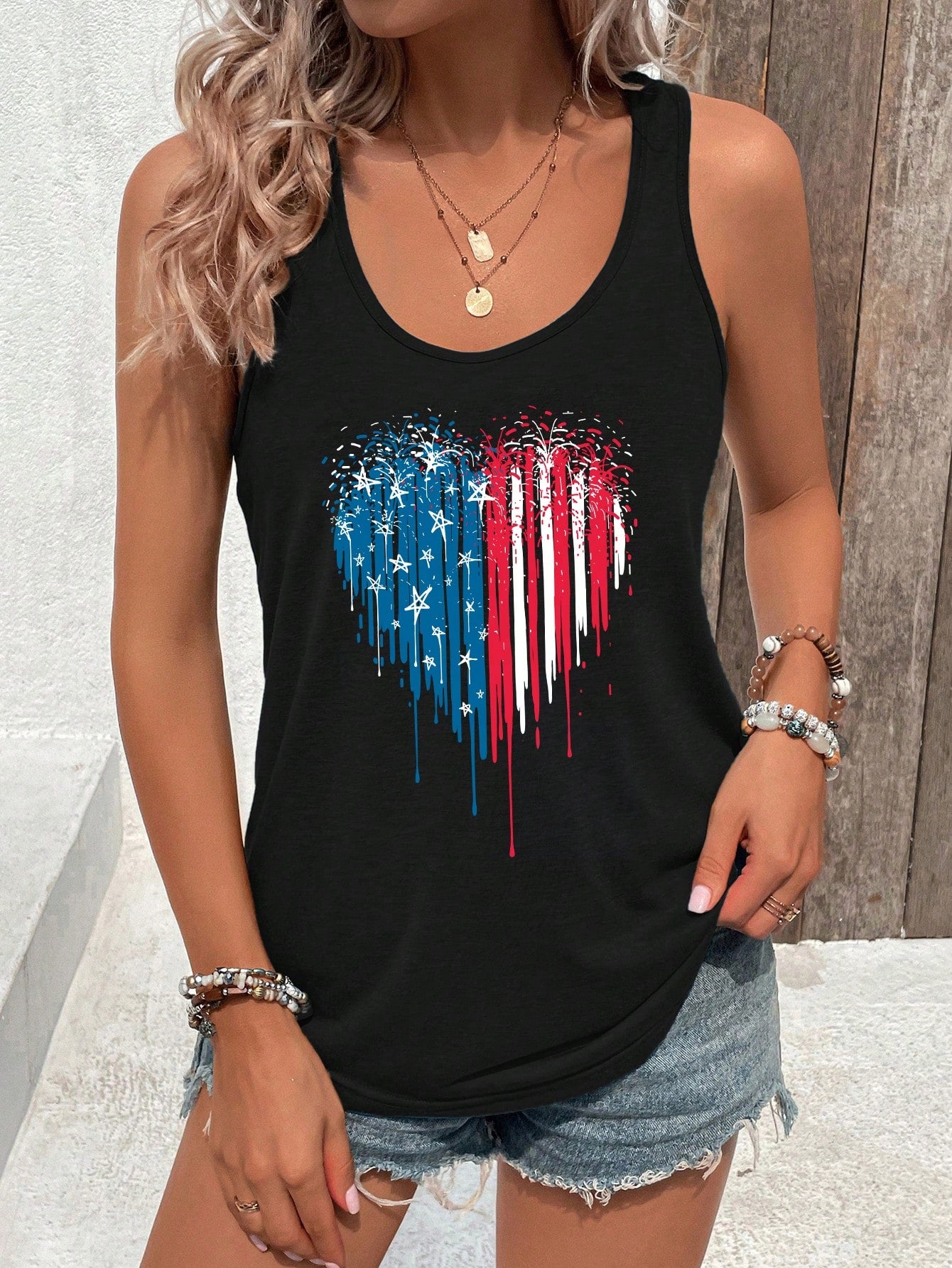 SHEIN LUNE Camiseta sin mangas para mujer con impresión de corazón y bandera internacional, casual