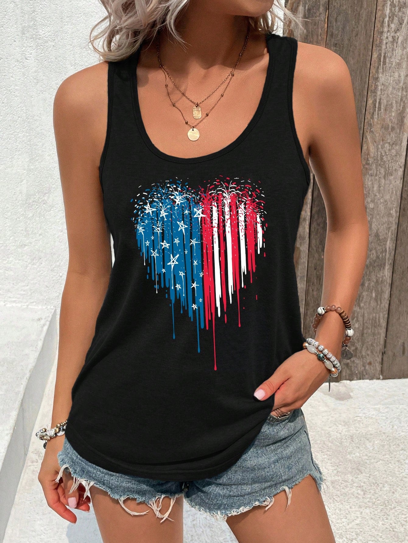 SHEIN LUNE Camiseta sin mangas para mujer con impresión de corazón y bandera internacional, casual