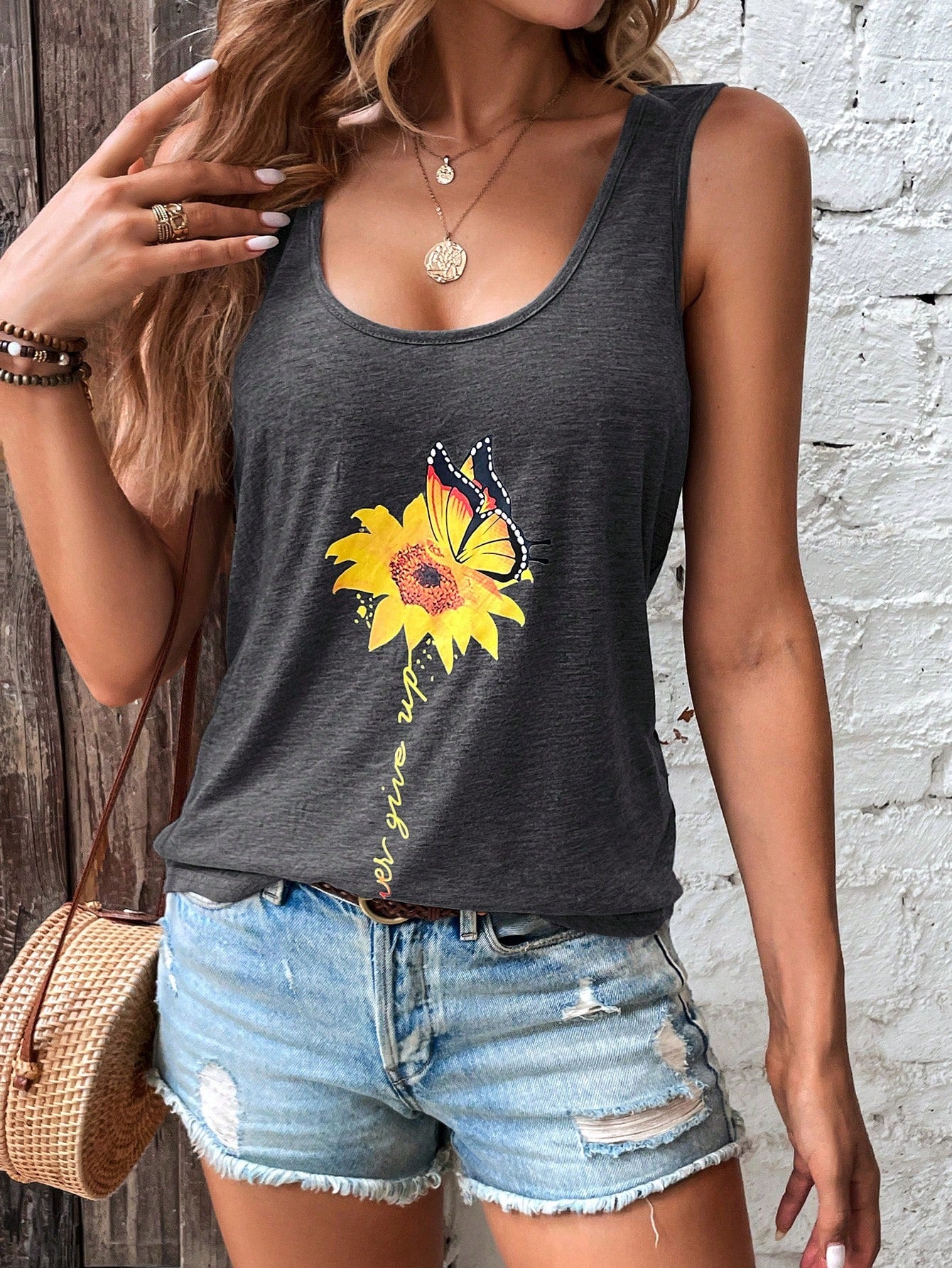 SHEIN LUNE Top tank con estampado floral con slogan