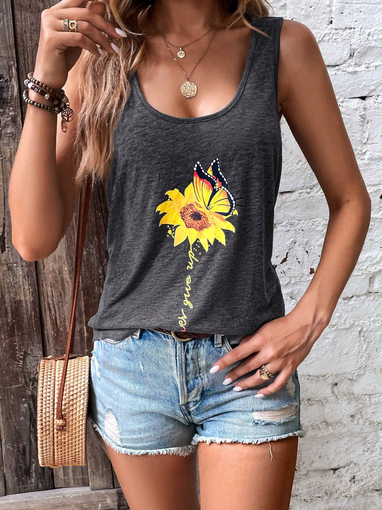 SHEIN LUNE Top tank con estampado floral con slogan