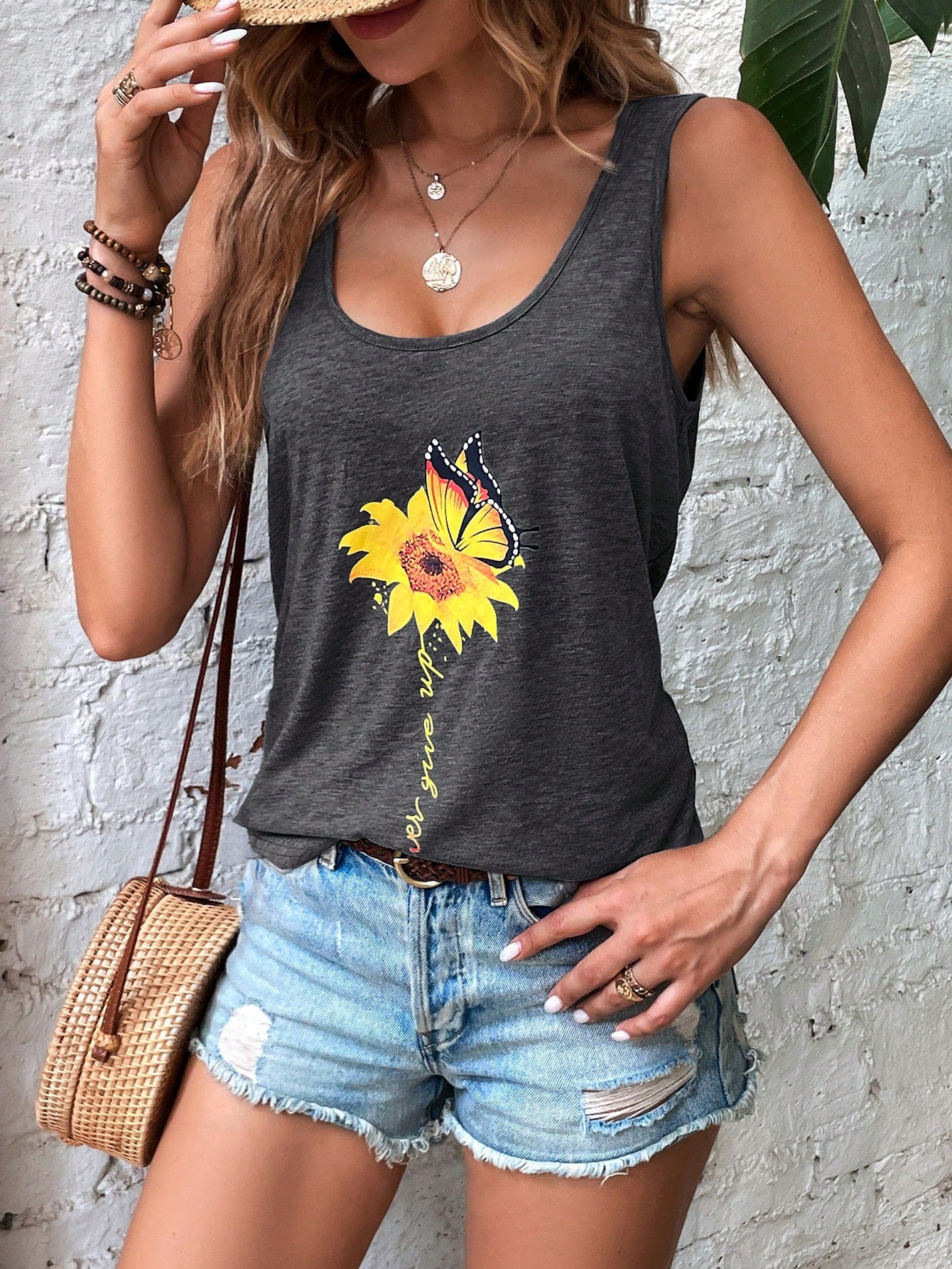 SHEIN LUNE Top tank con estampado floral con slogan