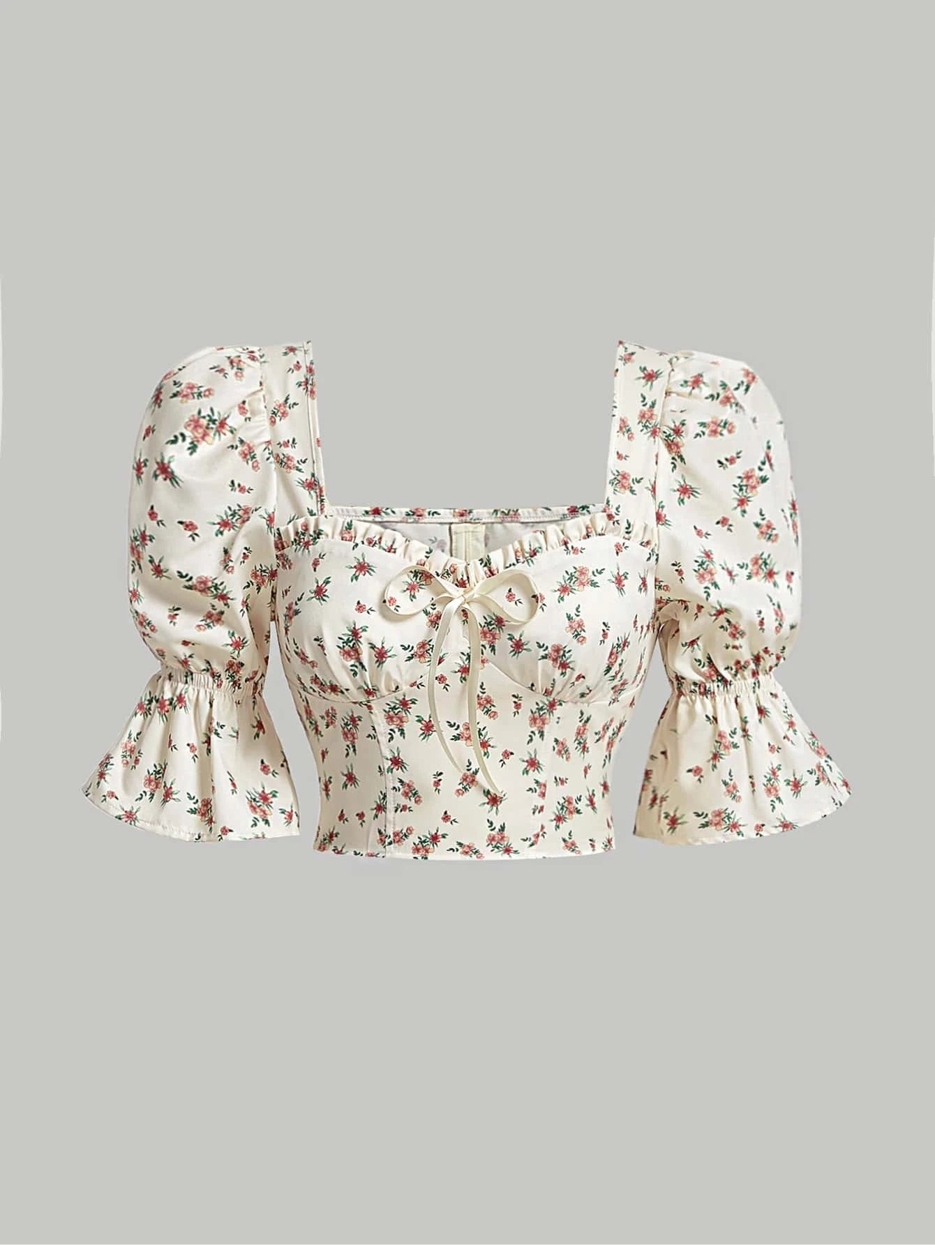 SHEIN MOD Camisa crop con estampado floral de manga con volante con nudo delantero