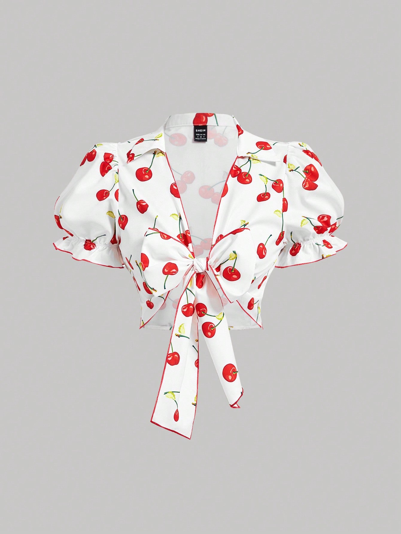 SHEIN MOD Camisa de mujer con estampado de cerezas y lazo en la parte delantera, corta, para vacaciones de verano