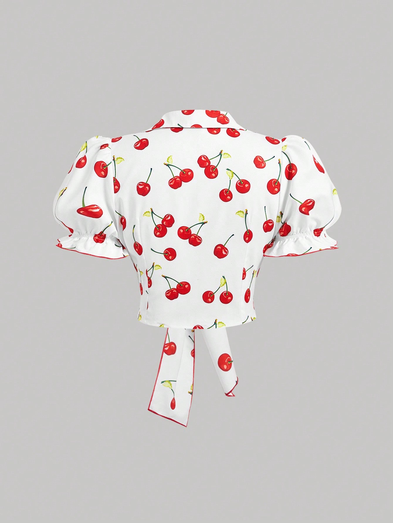 SHEIN MOD Camisa de mujer con estampado de cerezas y lazo en la parte delantera, corta, para vacaciones de verano
