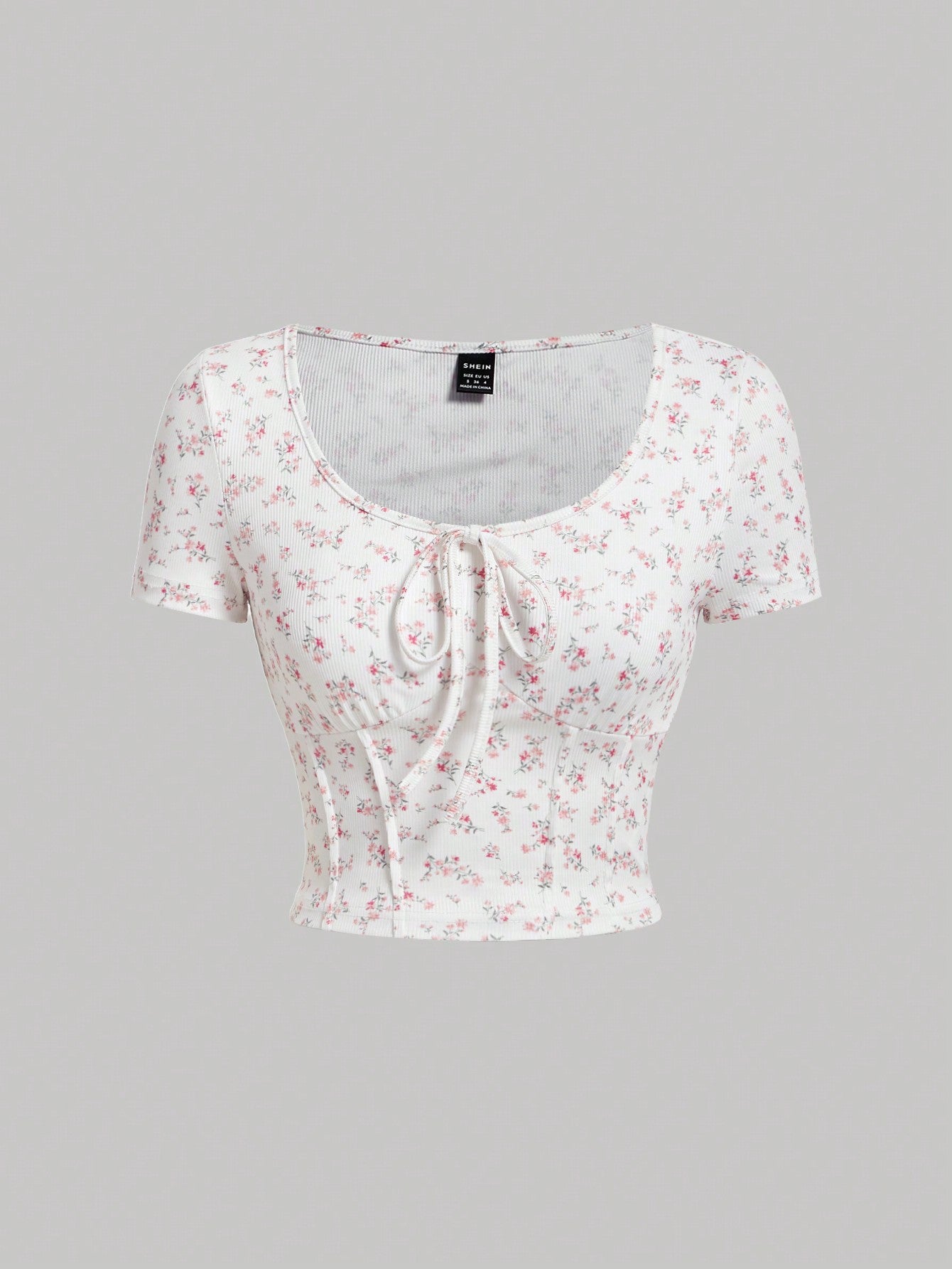 SHEIN MOD Camiseta De Manga Corta Para Mujer Con Nudo Frontal Y Cuello Redondo Con Estampado Floral Para El Verano