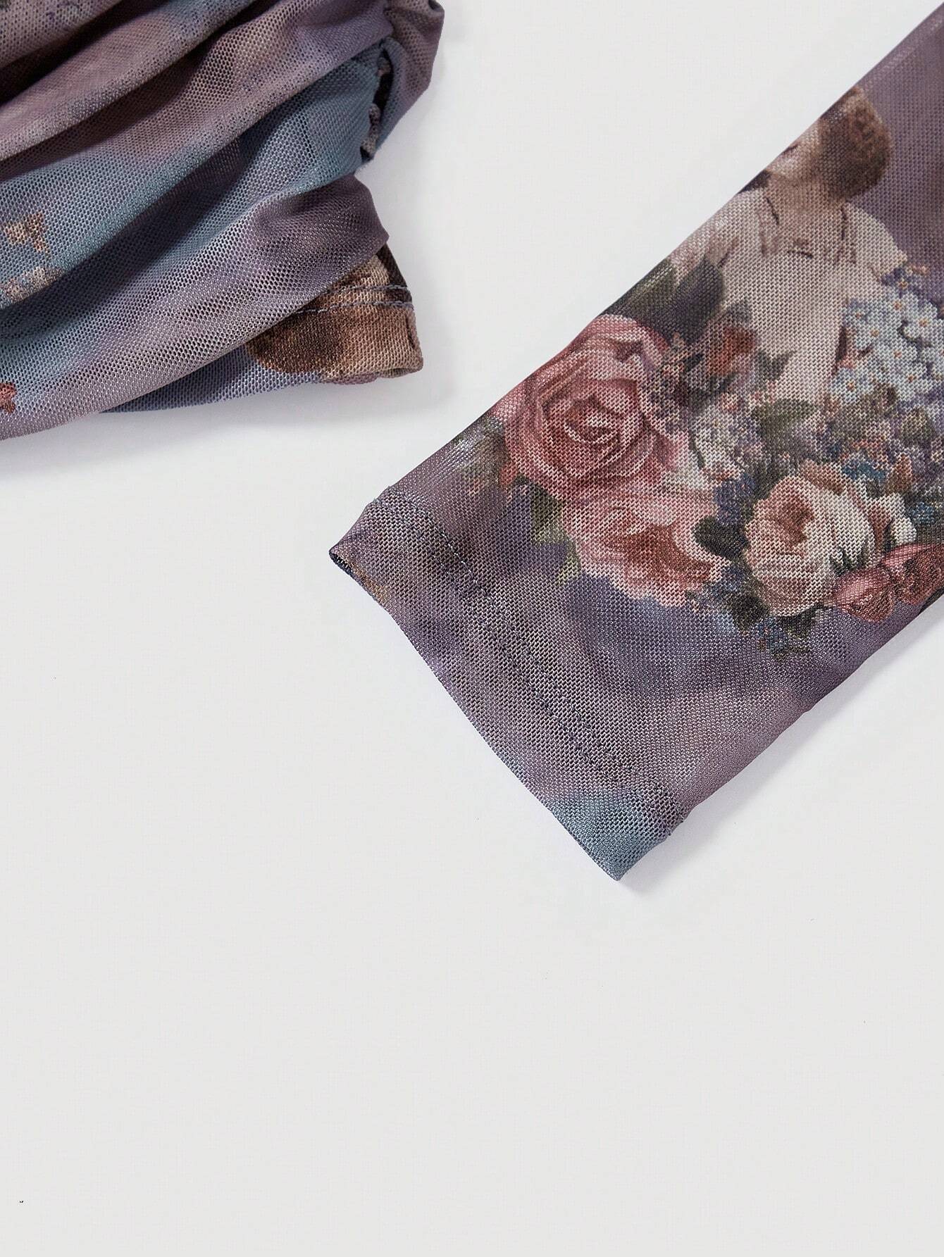 SHEIN MOD Camiseta De Manga Larga De Nudo Retorcido Y Estampado Floral Para Mujer