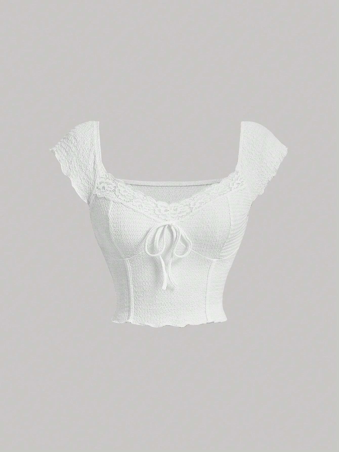 SHEIN MOD Camiseta De Mujer Con Cordón Frontal Y Detalles De Encaje