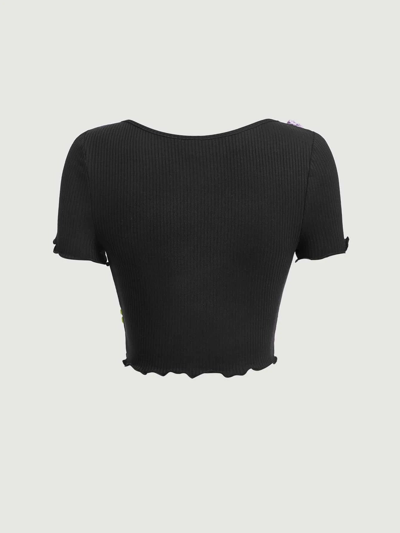 SHEIN MOD Camiseta con patrón floral ribete en forma de lechuga con lazo delantero