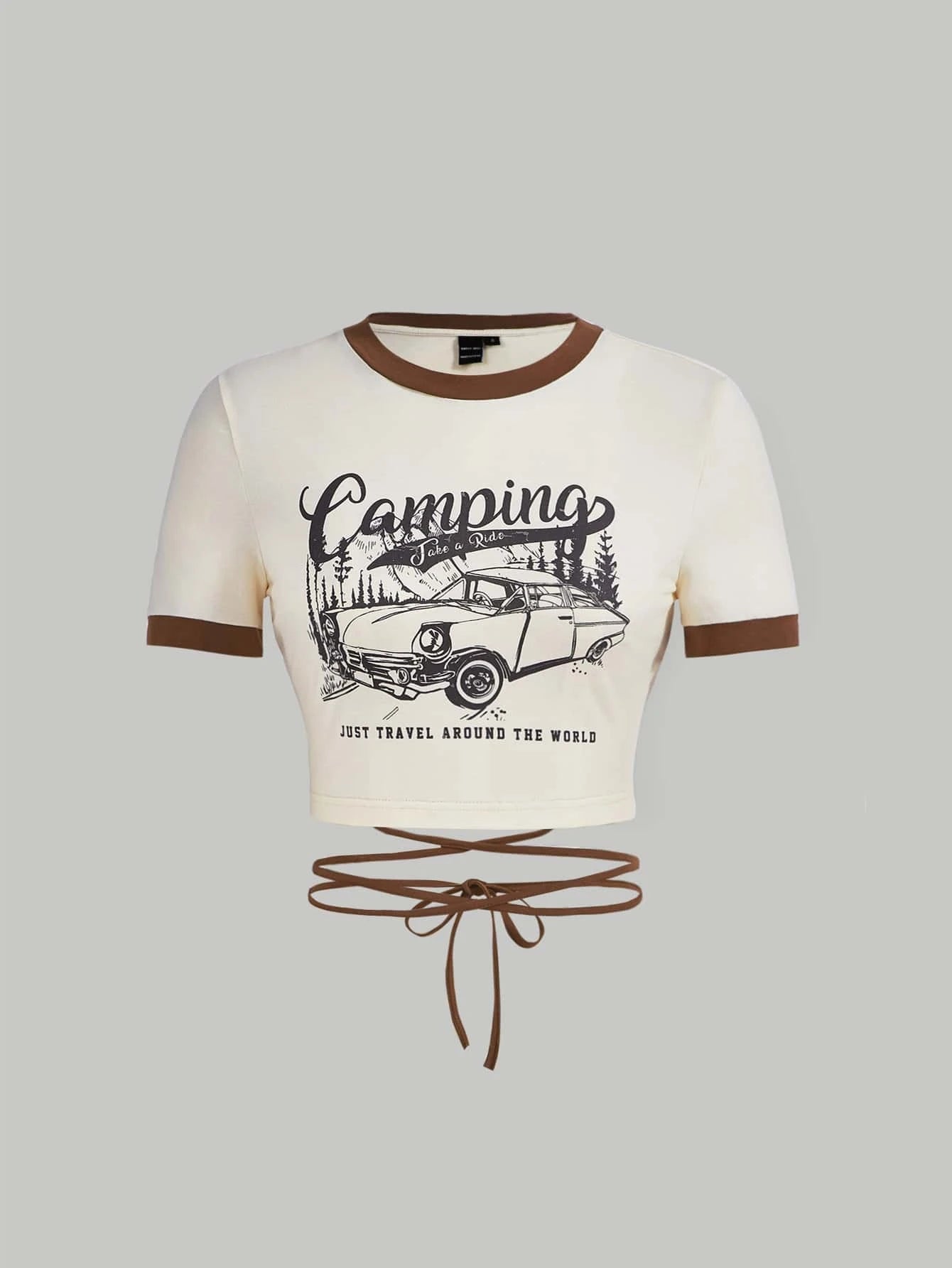 SHEIN MOD Camiseta corta con contrastes gráficos de automóvil y lema, enlaces cruzados, para acampada "Tomar un paseo, SOLO VIAJAR ALREDEDOR DEL MUNDO"