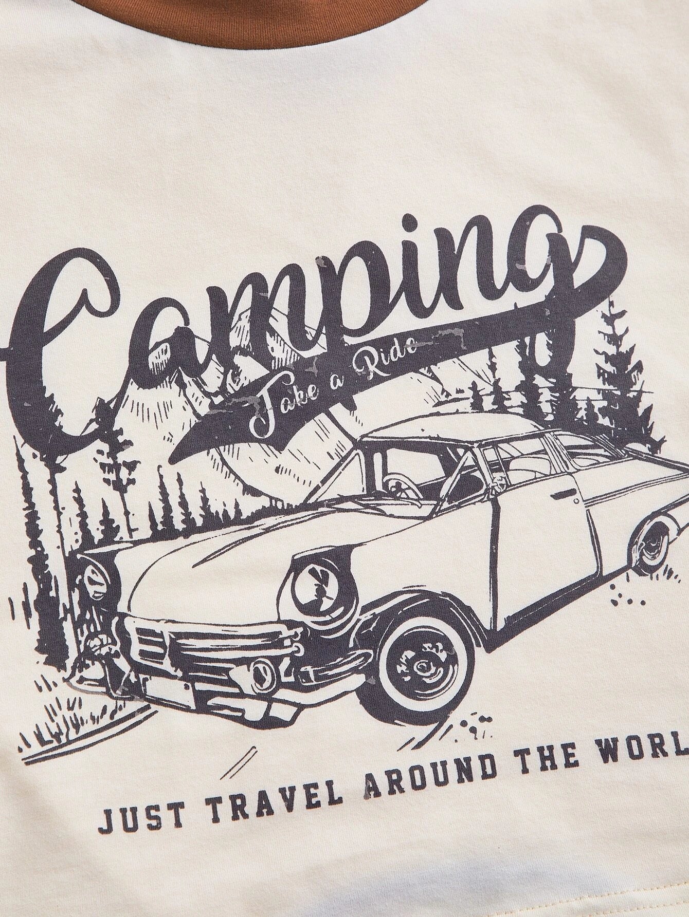 SHEIN MOD Camiseta corta con contrastes gráficos de automóvil y lema, enlaces cruzados, para acampada "Tomar un paseo, SOLO VIAJAR ALREDEDOR DEL MUNDO"