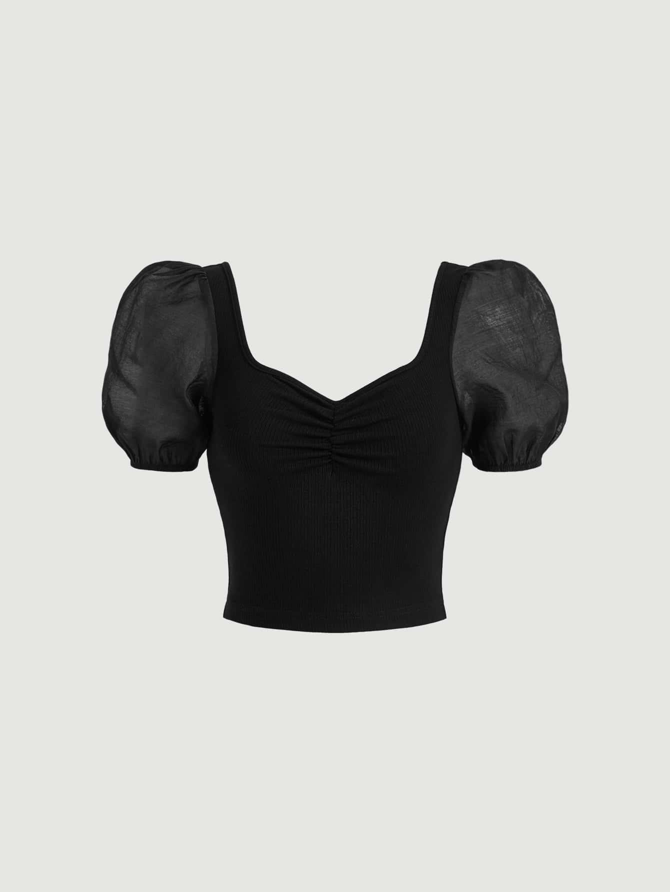 SHEIN MOD Camiseta de malla en contraste de manga farol pecho con fruncido